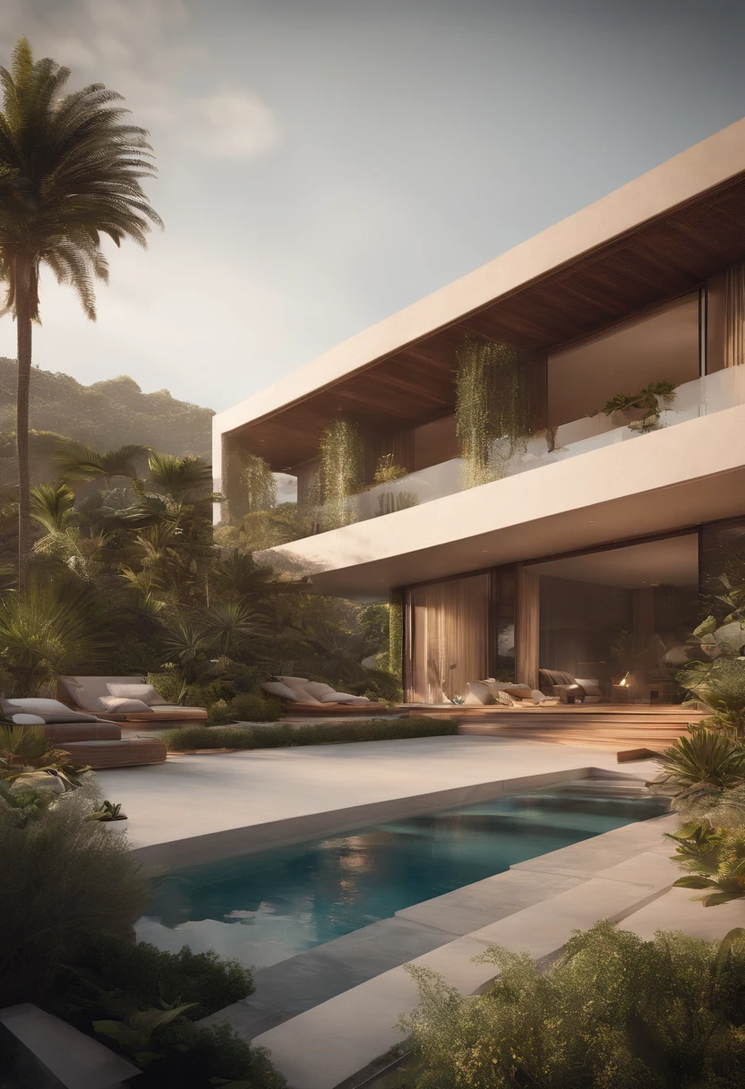 cinematic realistic photo, altamente detalhado, Futuristic, Impresso em 3D, argila, geometric, architectural villa, with artificial lighting, different kinds of vegetation landscaping, luz do dia, exotic, nevoento, octan render, maximum render detail