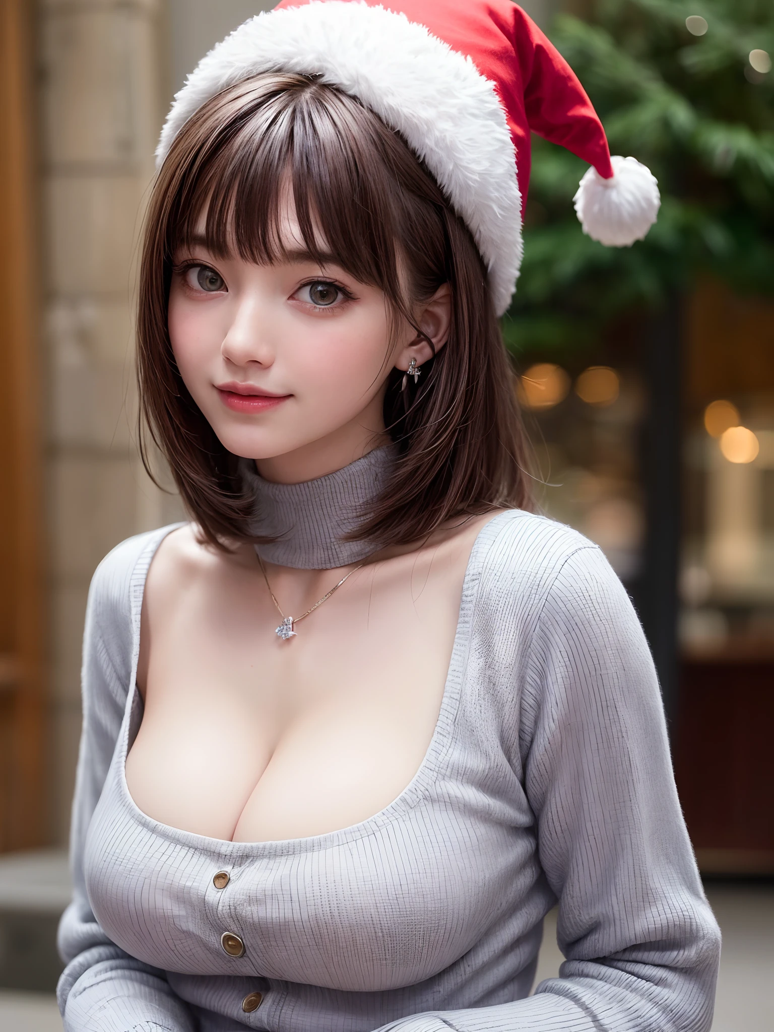 (masutepiece:1.4, top-quality、Very attractive adult beauty:1.4、Add intense highlights to the eyes:1.4、Look firmly at the camera、Beautiful woman full of adult charm:1.4),1girl in, 独奏, Light brown shiny hair, muffler,Santa Claus hat:1.4,realisitic, looking at the viewers, Bright colored crystal light blue eyes:1.4, short shiny hair, Santa Claus Starneck Knit、 Red and white costume of Santa Claus in turtleneck with round hole in the center of the chest:1.4,Sexy red and blue turtleneck knit sweater with round hole in the center of chest:1.4、 s lips, lipgloss:1.4,bangss, The upper part of the body、big eye、Lashes、The face is a little red:1.4、Embarrassing)、((Road system in Italy in winter:1.4))、((Shorthair with bangs、big eye、Put very strong highlights in your students:1.4、{Gigantic|Big|Huge|Mega} breasts:1.4、very Bigger breasts、gazing at viewer、Very beautiful beauty、Put your ears out:1.4、long neck:1.4、little smiling、Beautiful teeth、Open your mouth and smile:1.4))、28 year old:1.4、Very cute supermodel:1.4、