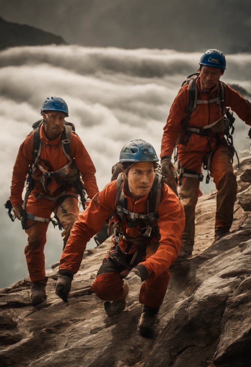 (A group of climbers), (Rescue training), (Asian climber), (Extremely detailed), (Full body shot), (concept-art), (Jaw-dropping effect), (Best quality, High-res), (Vivid colors), (Studio lighting)(A group of climbers), (Rescue training), (Asian climber), (Extremely detailed), (Full body shot), (concept-art), (Jaw-dropping effect), (Best quality, High-res), (Vivid colors), (Studio lighting), Social realism, motion lines, UHD, textured skin, highres, 8k