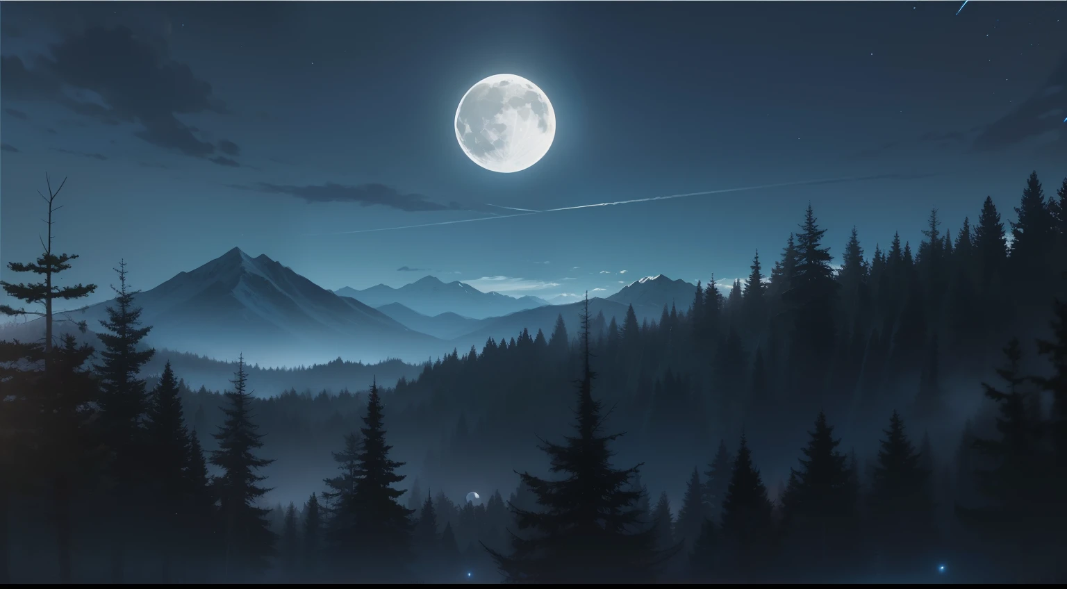 a dark and gloomy forest with dark blue night sky, well-marked shadows and low light with a bright moon that partially illuminates and the mountains on the horizon