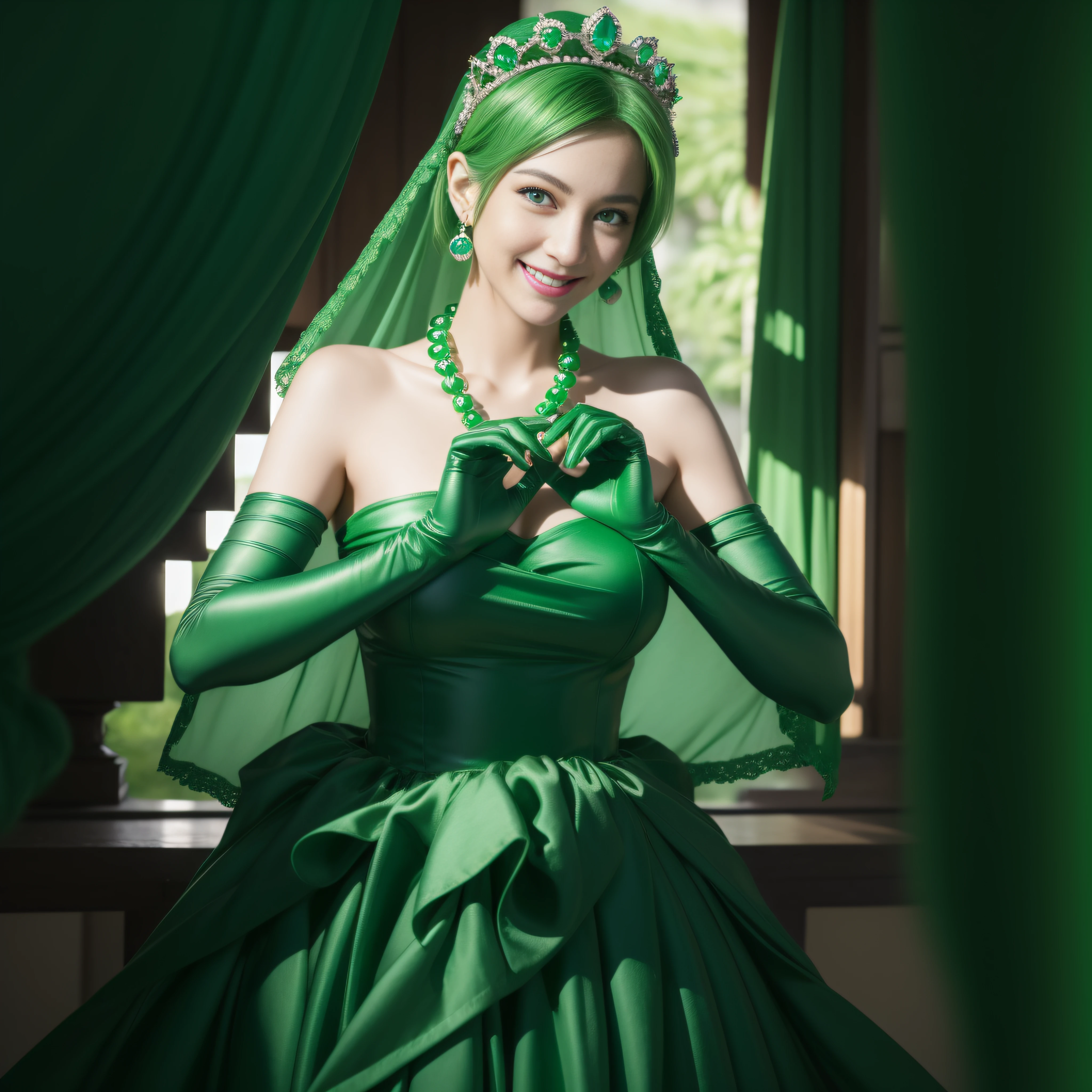 emerald tiara, Green Pearl Necklace, Boyish very short green hair, lipsticks, Japan woman smiling, very short short hair, big breasts beautiful, Green eyes, Long green gloves made of satin material, Green eyes, Emerald Earrings, green vale, Heart with both hands,Green hair