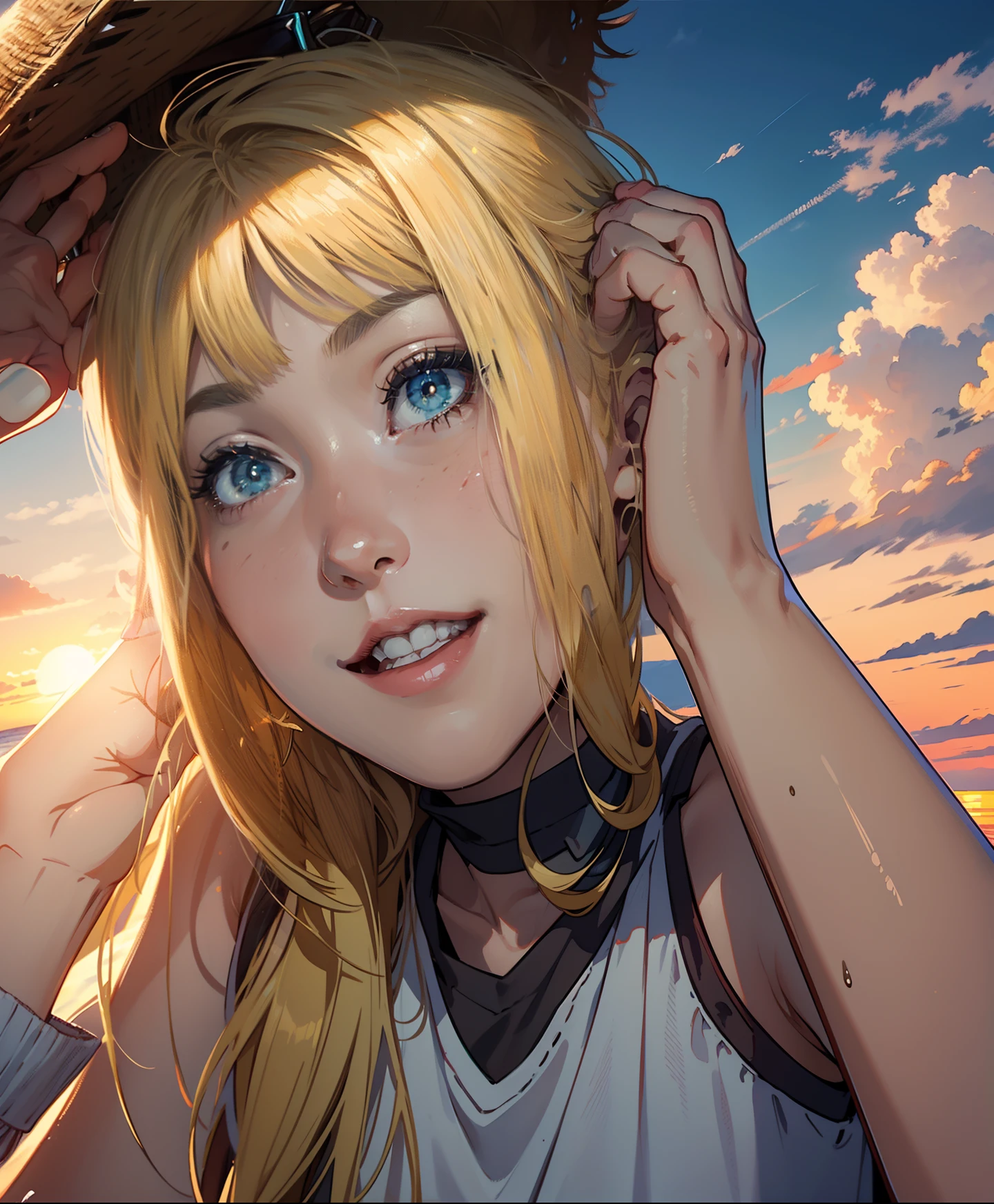 Masterpiece, ultra-detailed CG unity 8k wallpaper, Illustration of the highest quality, Warm and cozy atmosphere, Summer scene on the seashore,Beautiful sunset. Killua's Man, And the woman has blonde hair and bangs, Sharing a happy moment together.
