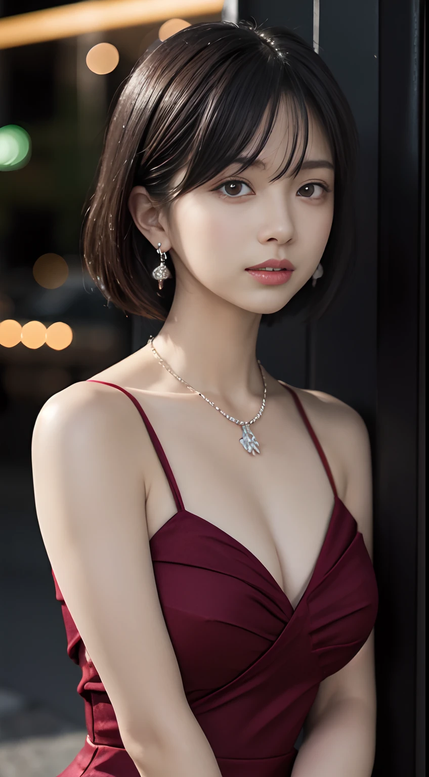 (masutepiece, Best Quality:1.5), Night, Dark theme, (Upper body, Looking at Viewer, Dark red dress:1.3), candid posing, earrings, Necklace, (violaceaess, gardeniass, Delicate girl, 8K, 85mm Portrait, Official art, Raw photo, absurderes, Short sleeve, Cinch West:0.8), Close up face, Sophisticated, (face lights, clear lighting, Sharp Focus:0.8), redish pink lips, Bokeh background, Eyes and faces with detailed