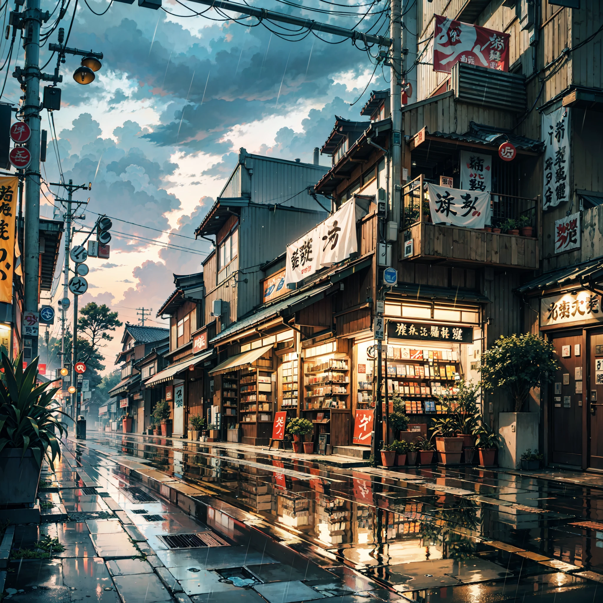 anime background, anime wallpaper, anime, anime style, lofi, lofi style, modern japanese street, modern japanese architecture, japanese convenience store, big retro japanese shop signs, retro japanese store, trees, plants, rocks, plant pots, shop signs, japanese banners, japanese signs, flags, sunrise, rain, raining, heavy rain, dramatic weather, puddles on the floor, rain falling from the sky, rain drops, empty street, no one in sight, (no one: 1), best quality, urban tokyo, compact, urban,