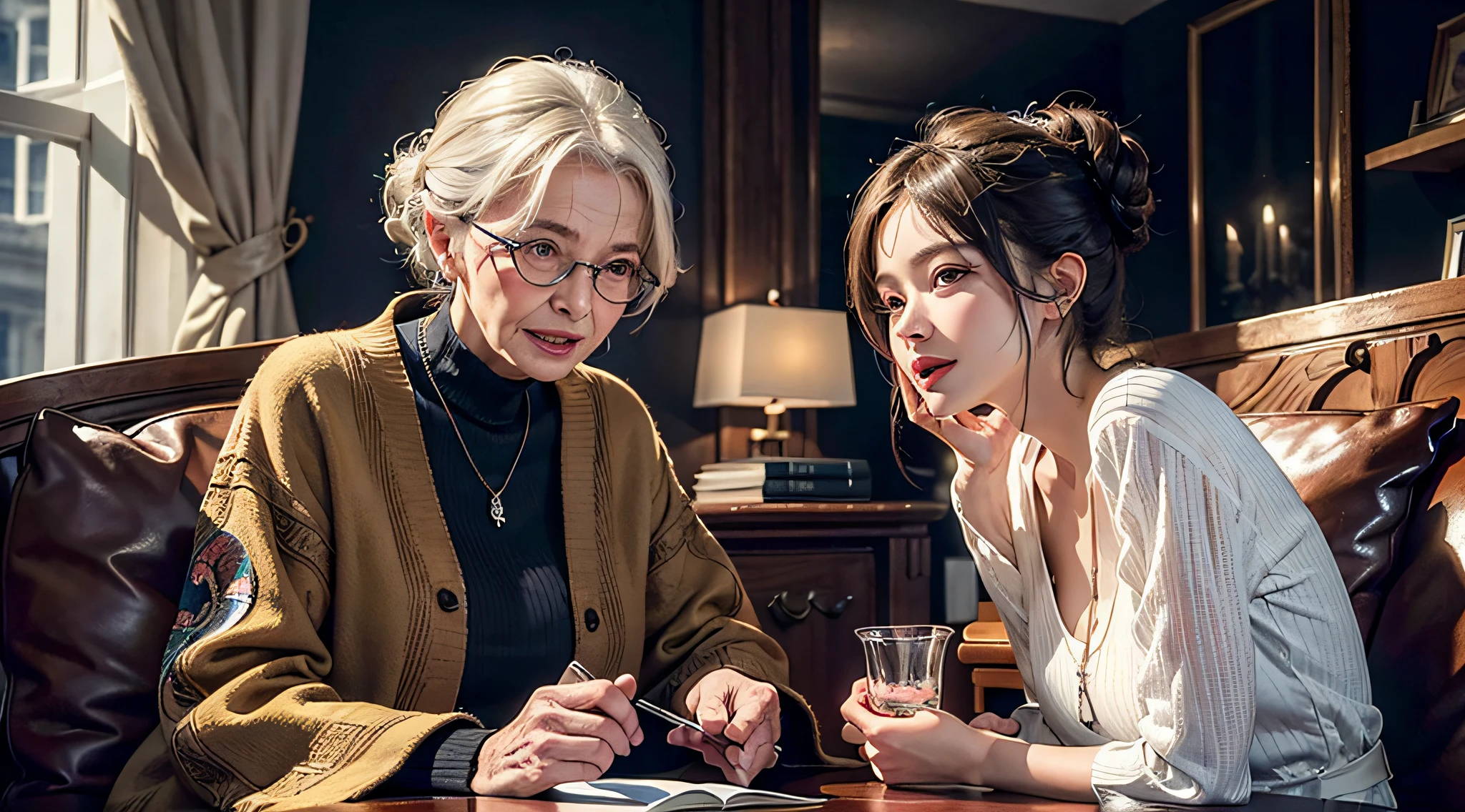 AN EXCITED ELDERLY LADY TALKING TO 2 YOUNG PEOPLE ((masterpiece)), ((best quality))), ((ultra-detailed)), UHD, 8K, ((high resolution))), ((illustration)), ((realistic)),