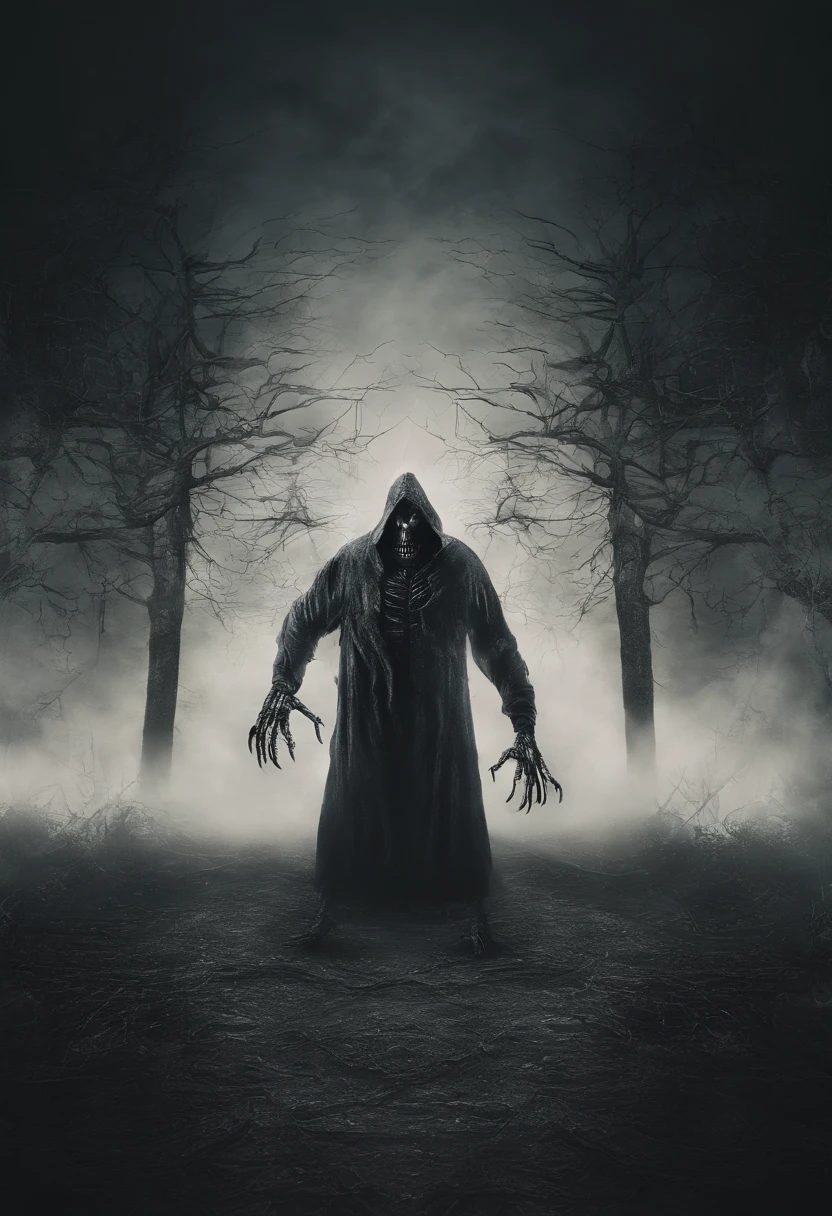 A black shadow ghost-like figure with sharp metal teeth and glowing yellow eyes wearing a black cloak in a foggy night forest ripping a bloody hiker apart, gore, nightmare