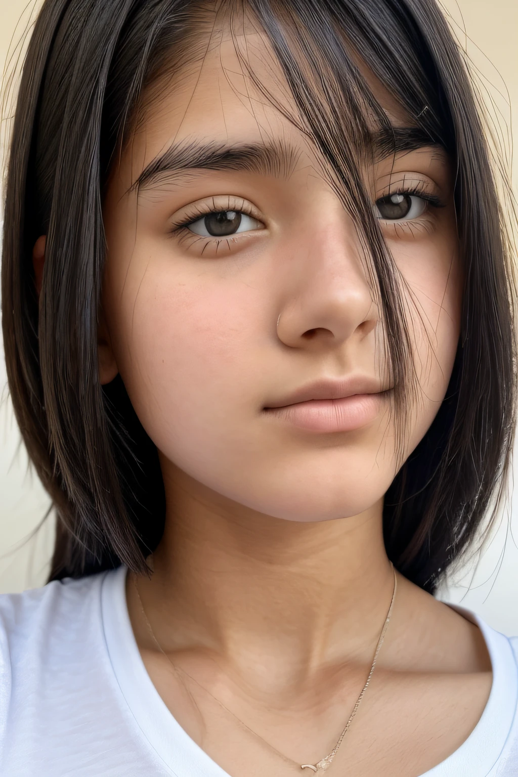 close-up of face of teenage girl, 16 years old, straight black hair, white skin, white t-shirt