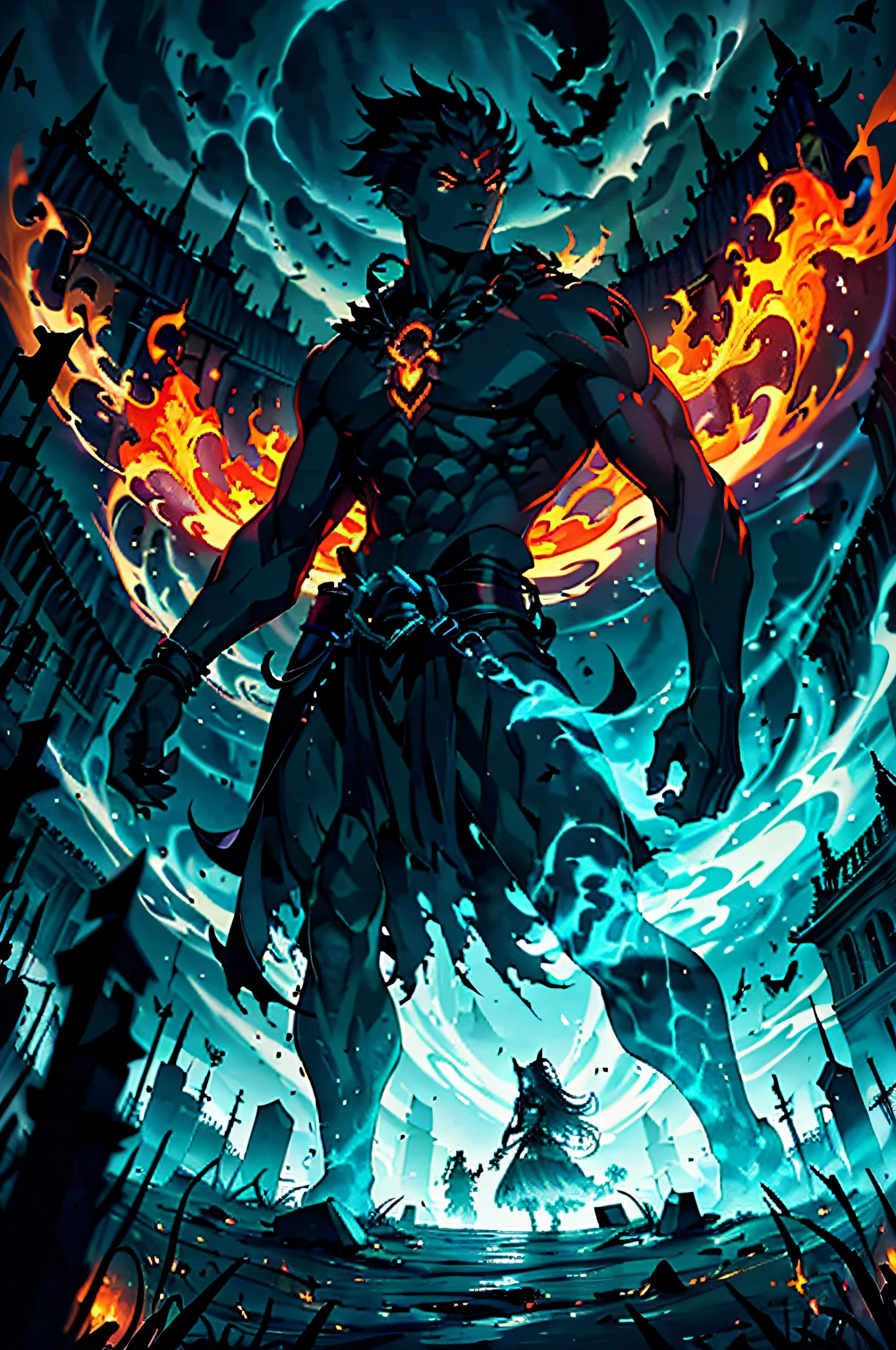 (best quality,highres),fire spirit man,fire spirit boy,male,in an infernal cemetery,painting,dark shadows,ominous atmosphere,flaming eyes,smoke rising,peaceful expression,graceful posture,burning embers floating,fiery aura,sparks flying,sculpted muscles,molten-like skin,colorful flames,demonic statues,gothic architecture,crumbling tombstones,hauntingly beautiful,ethereal glow,mysterious mist,vivid colors,supernatural powers,dramatic lighting,menacing presence,spectral figures,spectacular sunset,red and orange hues,dancing fire,ominous clouds,Renaissance style,colorful brushstrokes,charred trees,wisps of smoke,magical runes,Ancient symbols,whispering shadows,Otherworldly realm,energy radiating,spiritual essence