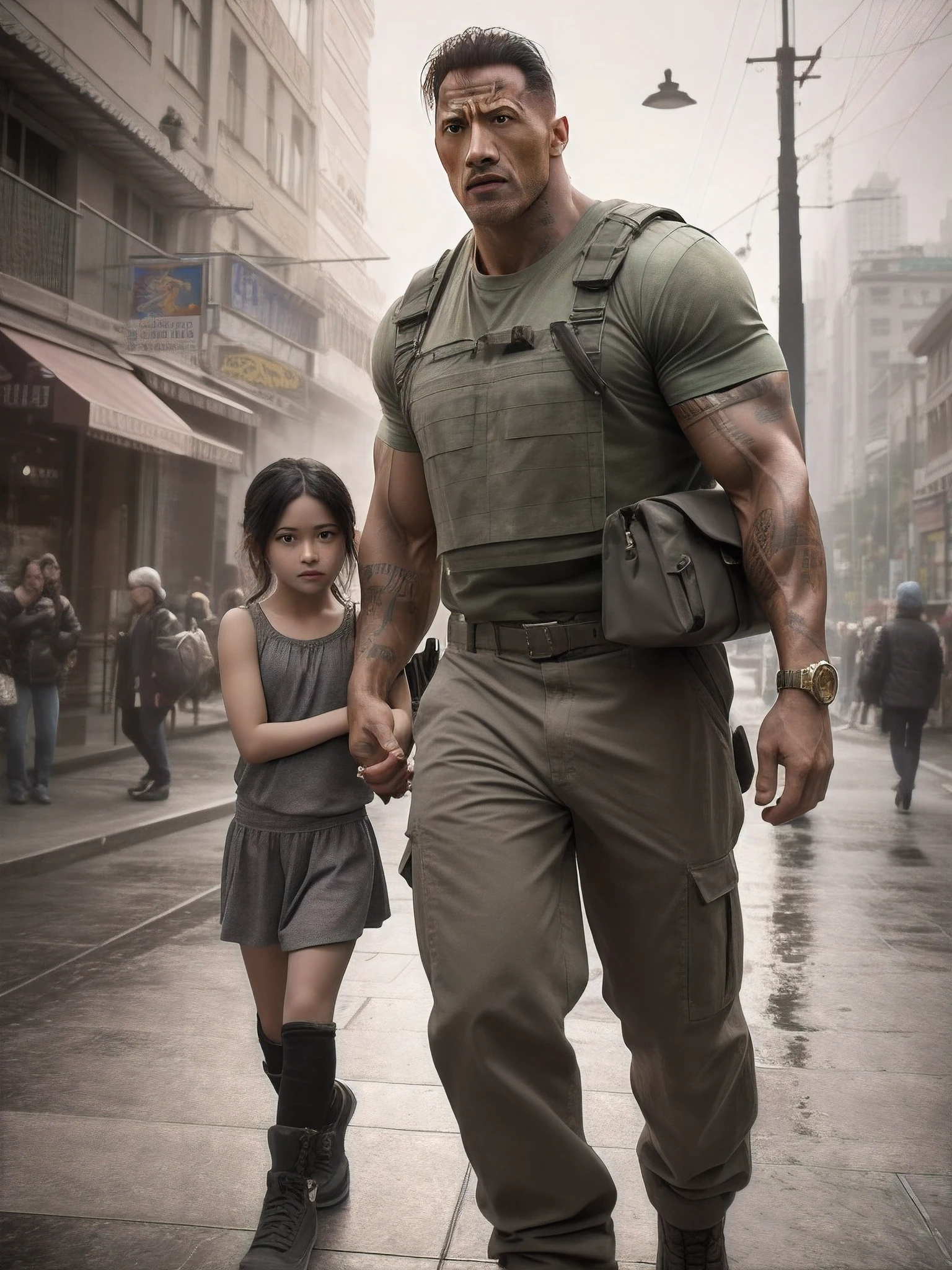There's a man and a girl walking down the street, Arnold Maya render, Akira CGI Filme Stills, Arte conceitual como Ernest Khalimov, Dwayne Johnson como Hulk, Directed by: Artur Tarnowski, filme ainda 8K, Directed by: Aleksander Kotsis, 2014, 2 0 1 4, cinematic photograph concept art, Parque John, foto de retrato de pintura fosca