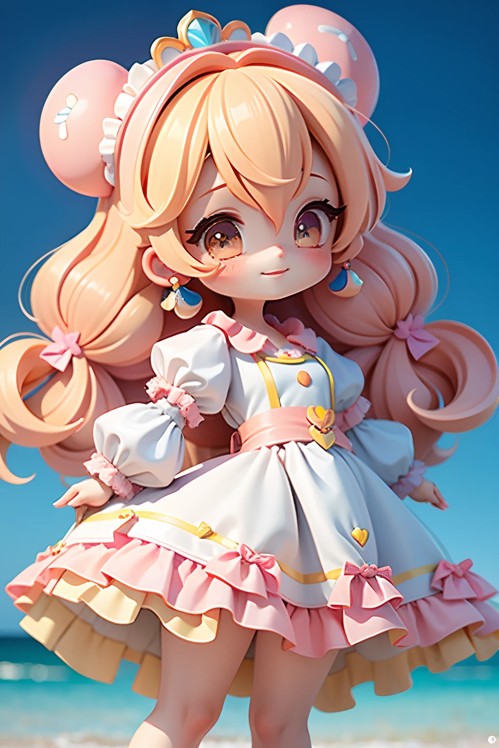 Loli menina anime(Princess Peach), usando luvas brancas, vestido colorido, bonito sorriso feliz rosto, Corar, , bonito uwu cara, cabelos pretos slimes longos, com design de penas, Fundo da dor do spray do partido, vestido de pintura colorido, cabelo mesclado, tomado, modern accessories , olhos delicados e detalhados, sorriso delicado e detalhados, opalescente, Perolescente, Holographic, fundo claro