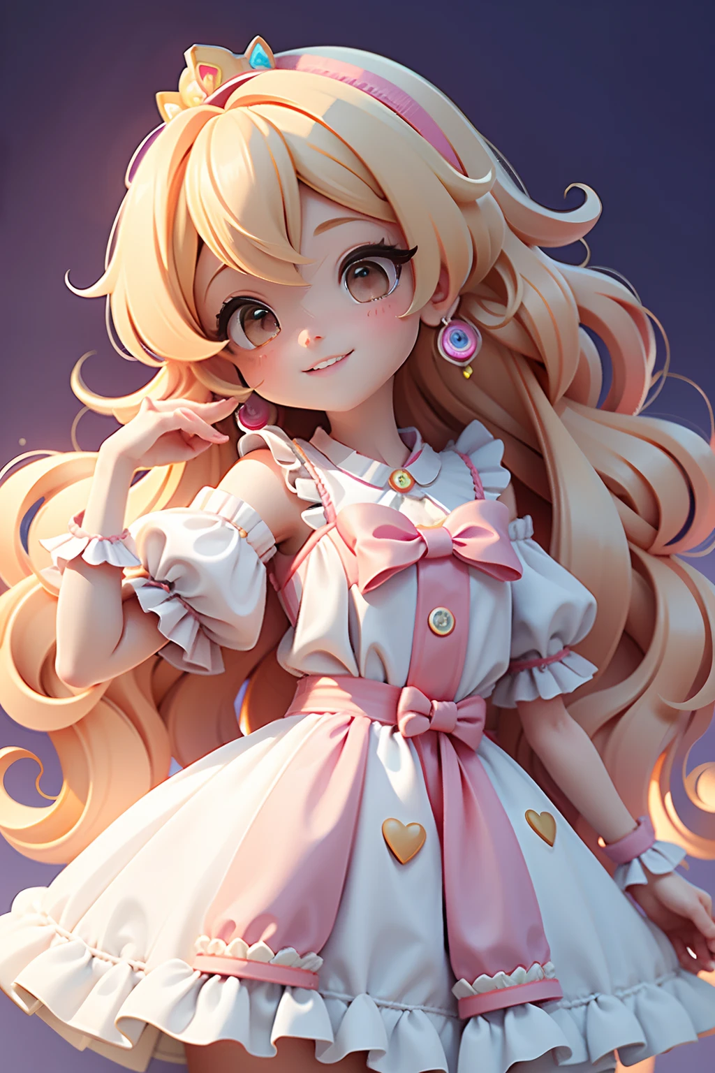 Loli menina anime(Princess Peach), usando luvas brancas, vestido colorido, bonito sorriso feliz rosto, Corar, , bonito uwu cara, cabelos pretos slimes longos, com design de penas, Fundo da dor do spray do partido, vestido de pintura colorido, cabelo mesclado, tomado, modern accessories , olhos delicados e detalhados, sorriso delicado e detalhados, opalescente, Perolescente, Holographic, fundo claro