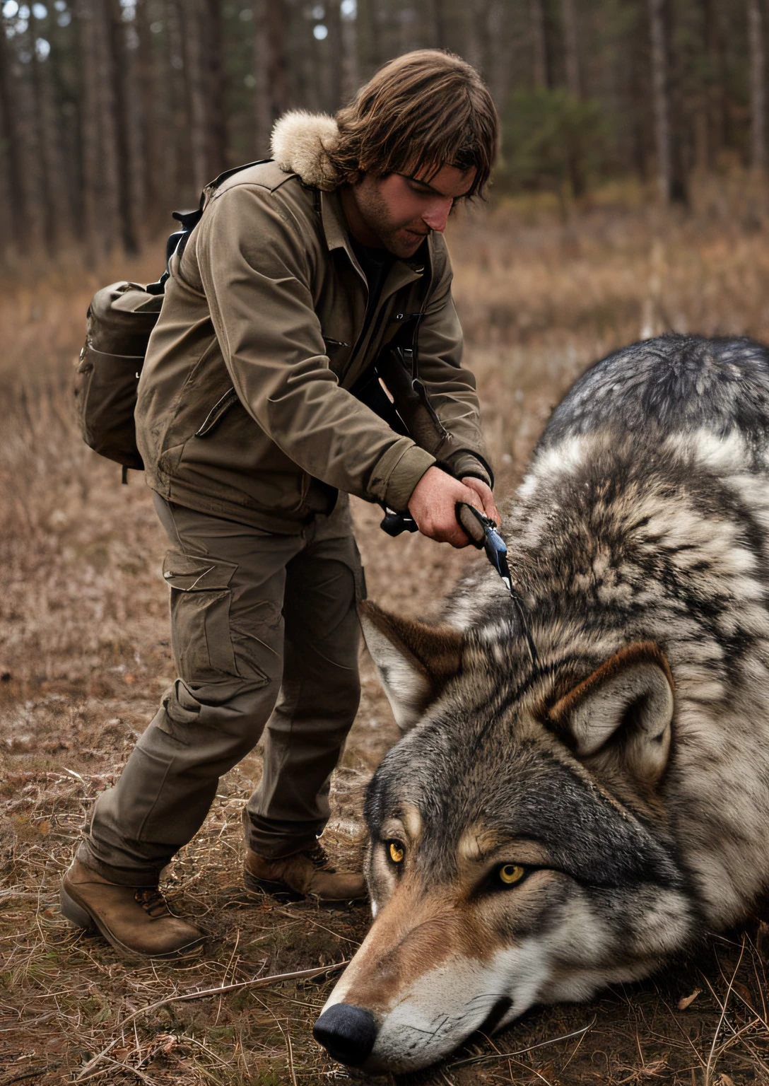 hunter killing a wolf with two shots