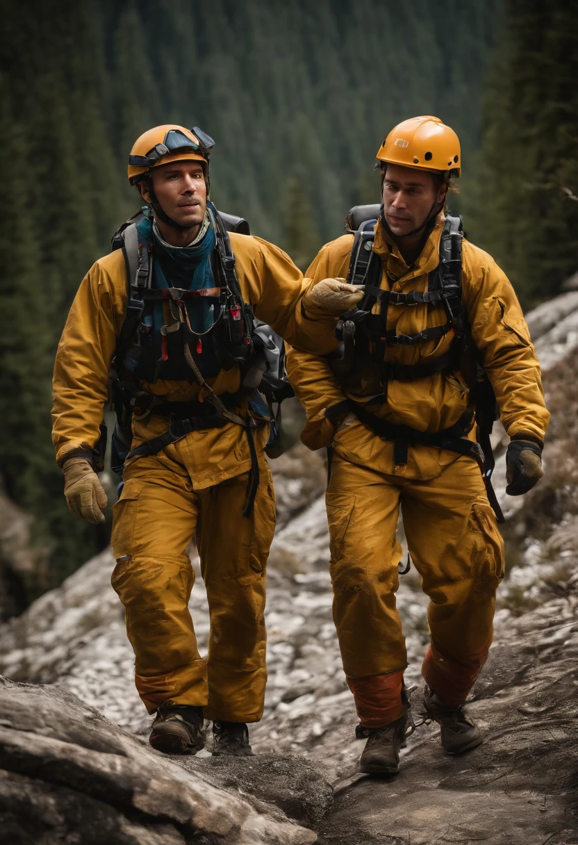 A person rescued by ropes, a rescue team, a group of climbers, rescue training, Asian climbers, extremely detailed full-body shot, conceptual art, jaw-dropping effects, the best high-quality, high-res, vibrant colors, studio lighting, extreme detail, action lines, ultra-HD, textured skin, high resolution