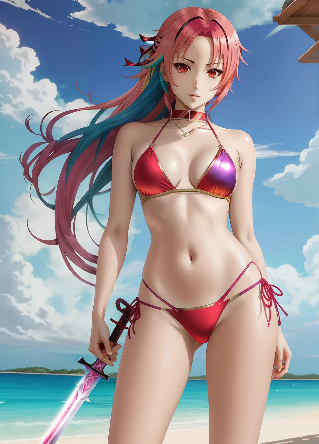 Hot anime woman colorful hair bikini seductive sword art style