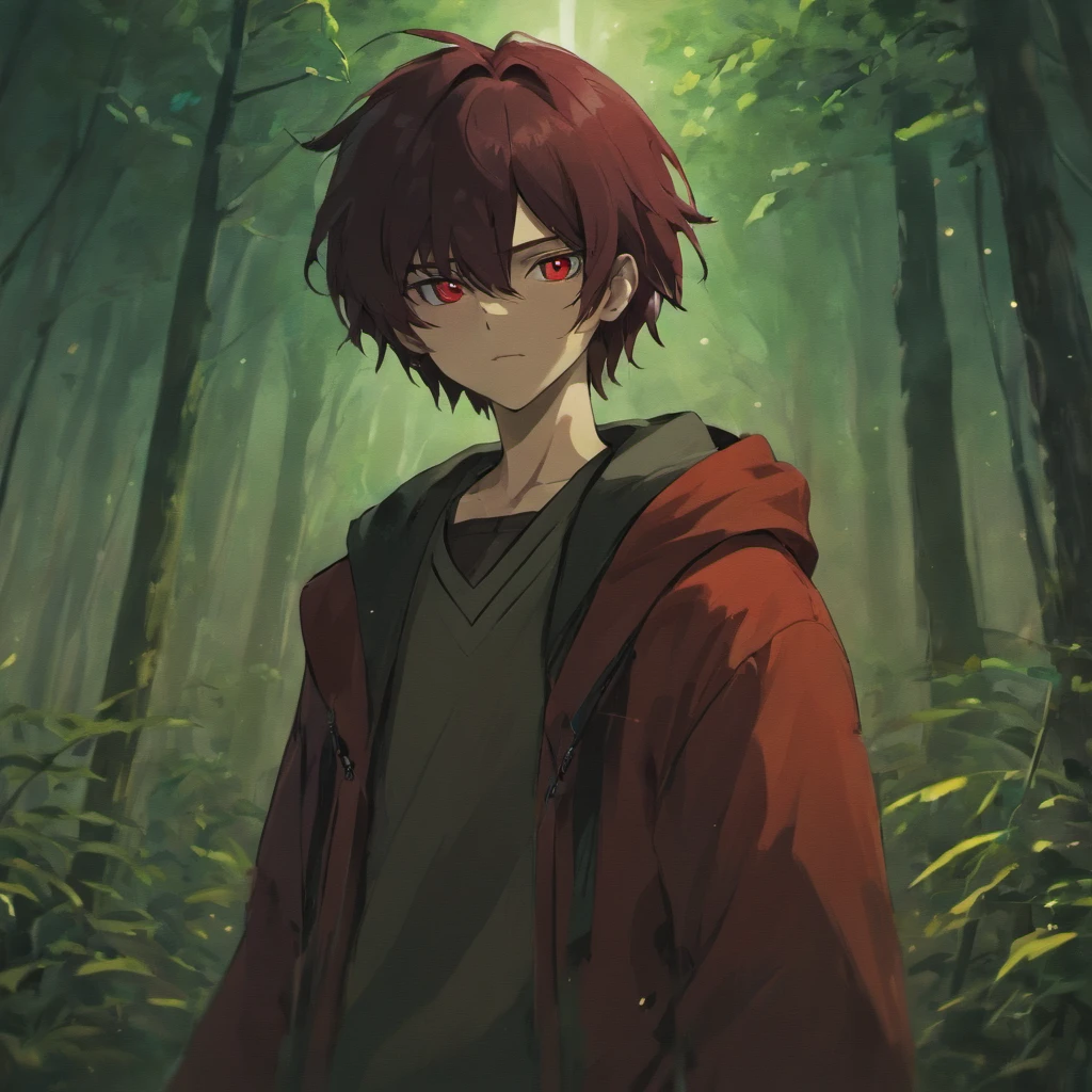 [{{Scenario} dark river , moonlight} forest at night] one guy , red theme , vampire , black hair , [Red eyes] , Masterpiece , 4k , anime, realistic ,(((Nana Anime))), cowboy shot