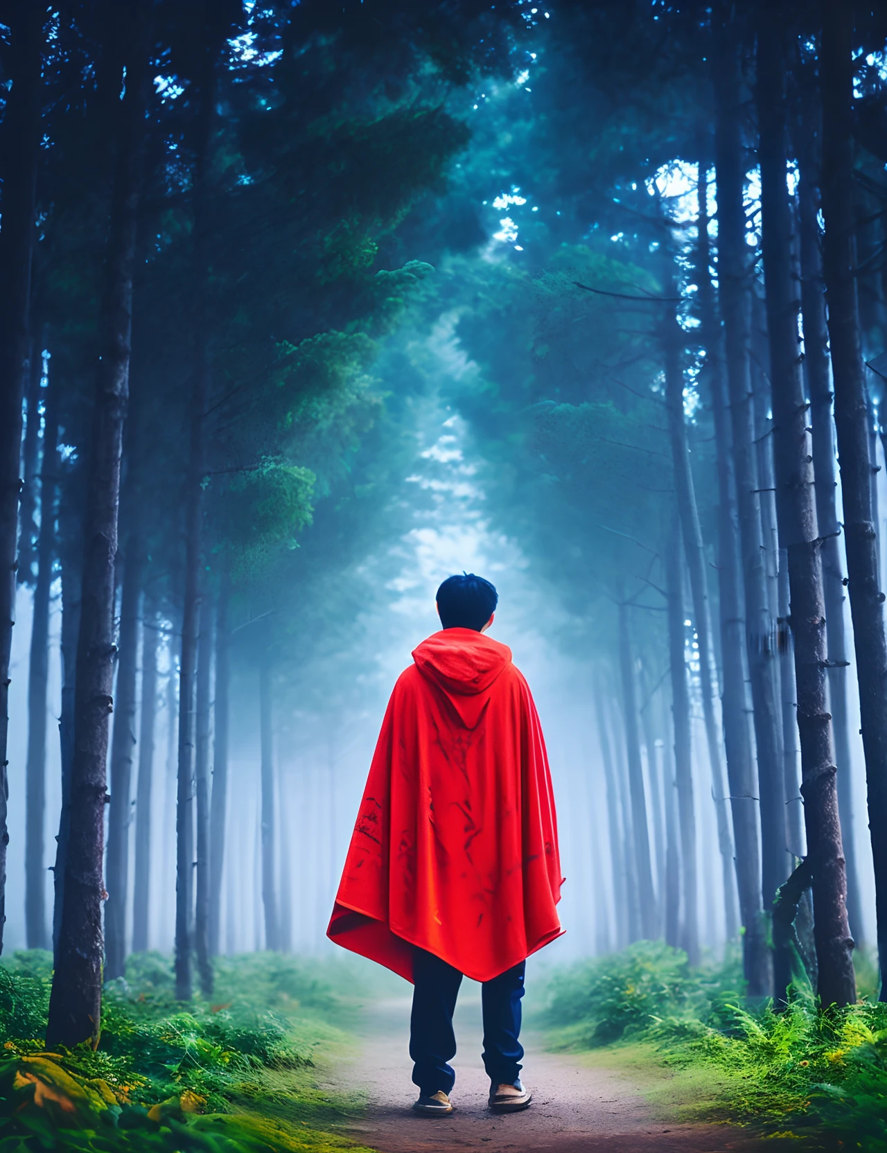 The young boy wears a blue moth cloak, the cloak is warm and fluffy and its pattern resembles the moth. Facing the mysterious forest。He looked determined,Get ready to embark on an adventure。The forest is surrounded by mysterious lights and misty trees。