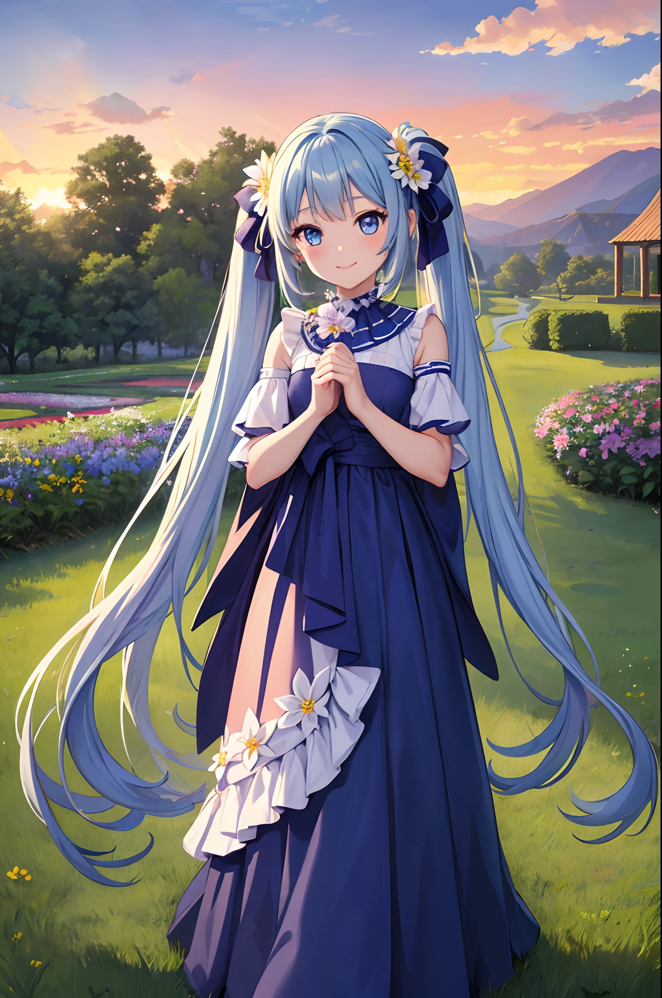masterpiece:1.2、hightquality、top-quality、hight resolution、detaileds、A hyper-realistic、1girl in、long hair with light blue twin tails,,,,,,,,,、Beautiful blue eyes、Standing in a flower garden、colorful outfit、Sunset landscape、full body Esbian、rainbows、Lovely smile、Cosmos flower、(A detailed face)、((foco nítido))、