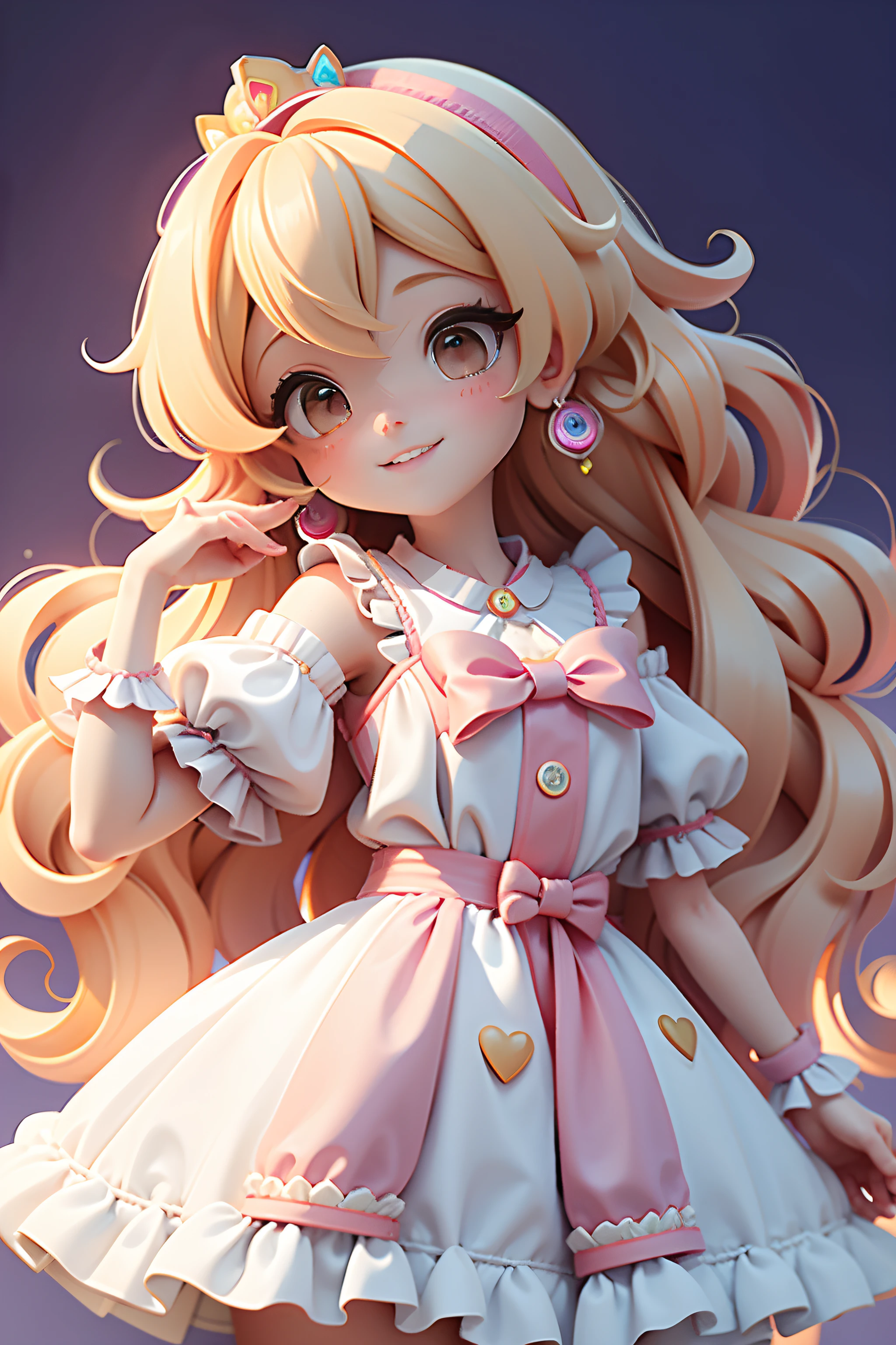 Loli menina anime(Princess Peach), usando luvas brancas, vestido colorido, bonito sorriso feliz rosto, Corar, , bonito uwu cara, cabelos pretos slimes longos, com design de penas, Fundo da dor do spray do partido, vestido de pintura colorido, cabelo mesclado, tomado, modern accessories , olhos delicados e detalhados, sorriso delicado e detalhados, opalescente, Perolescente, Holographic, fundo claro