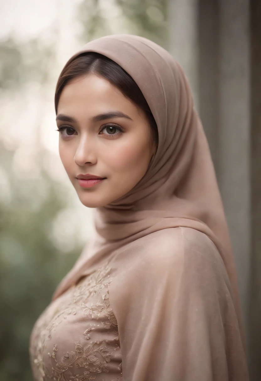 A very cute indonesian girl wearing longdress with hijab in dark background, cozy atmosphere, daylight, volumetric lighting, foggy background, (8k, RAW photo, top quality, masterpiece), (Realistic, photorealistic: 1.5), ((close up portrait)), Photorealistic, masterpieces, top quality, (beautiful brown eyes, perfect slim body), elegant poses, ultra-detailed face, detailed ornate