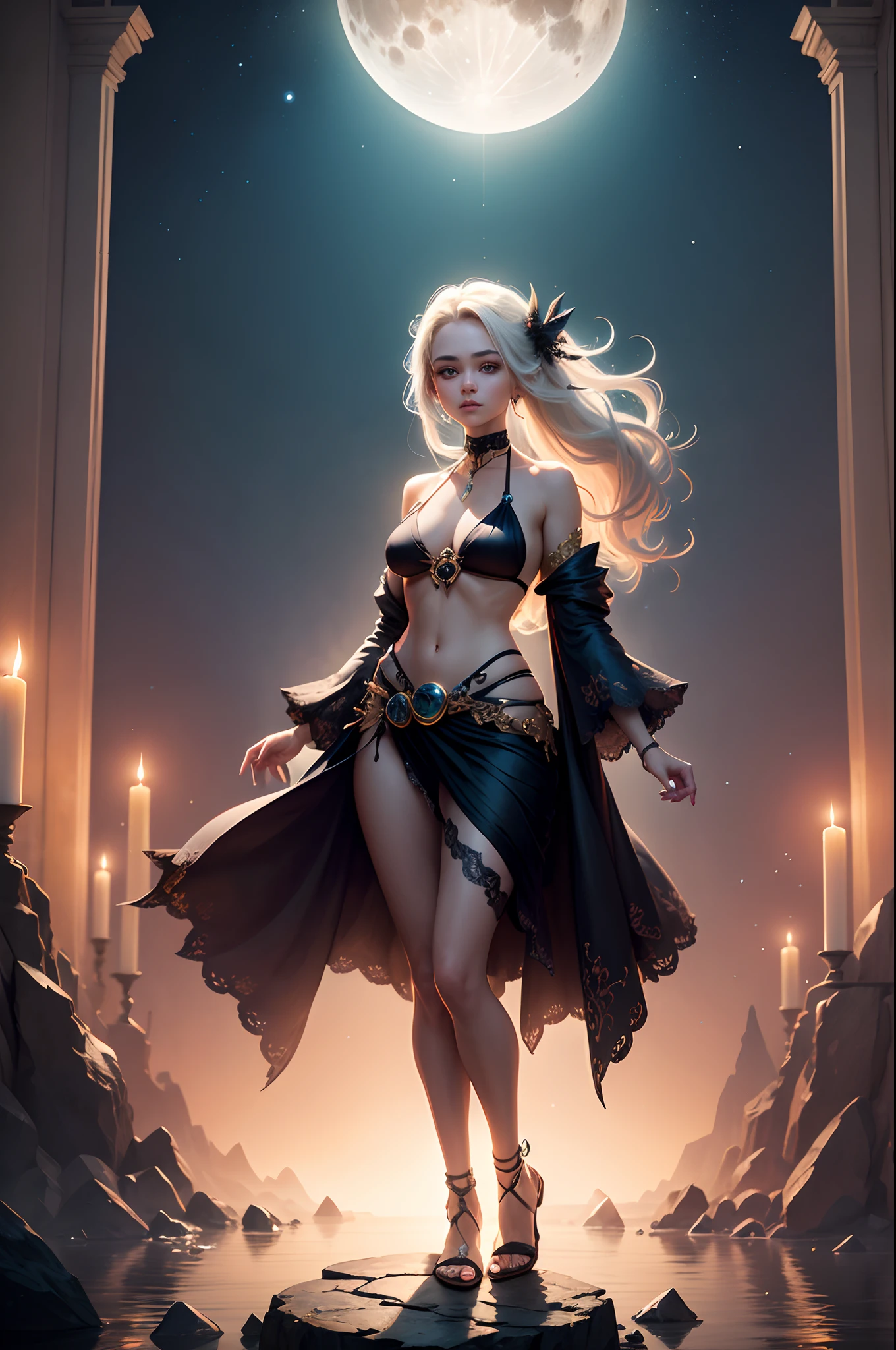 An exquisite fusion of art styles, showcasing a girl in a bikini crafted from gemstones, standing atop a mystical moonlit altar, surrounded by an ethereal, dreamlike landscape that blurs the lines between reality and fantasy.