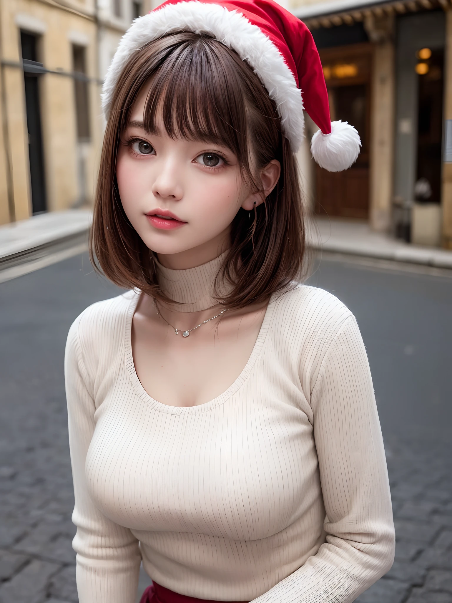 (masutepiece:1.4, top-quality:1.4、Very attractive adult beauty:1.4、Add intense highlights to the eyes:1.4、Look firmly at the camera、Beautiful woman full of adult charm:1.4),1girl in, 独奏, Light brown shiny hair, muffler,Santa Claus hat:1.4,realisitic, looking at the viewers, Bright colored crystal light blue eyes:1.4, short shiny hair, Santa Claus Starneck Knit、 Red and white costume of Santa Claus in turtleneck with round hole in the center of the chest:1.4,Sexy red and white turtleneck knit sweater with round hole in the center of chest:1.4、 s lips, lipgloss:1.4，bangss, The upper part of the body、big eye、Lashes、The face is a little red:1.4、Embarrassing)、((Road system in Italy in winter:1.4))、((Shorthair with bangs、big eye、Put very strong highlights in your students:1.4、{Gigantic|Big|Huge|Mega} breasts:1.4、very Bigger breasts、gazing at viewer、Very beautiful beauty、Put your ears out:1.4、long neck:1.4、little smiling、Beautiful teeth、Open your mouth and smile:1.4))、28 year old:1.4、Very cute supermodel:1.4、