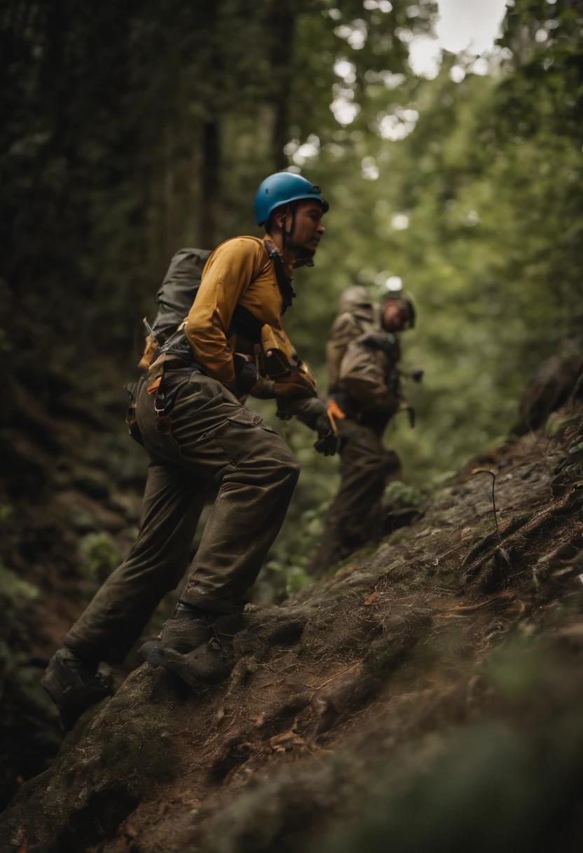 Rescue team, (A group of climbers), (Rescue training), (Asian climber), (Full body shot), (concept-art), (Jaw-dropping effect), (Vivid colors), (Studio lighting), (Extremely detailed), hyper HD, A high resolution, Textured skin