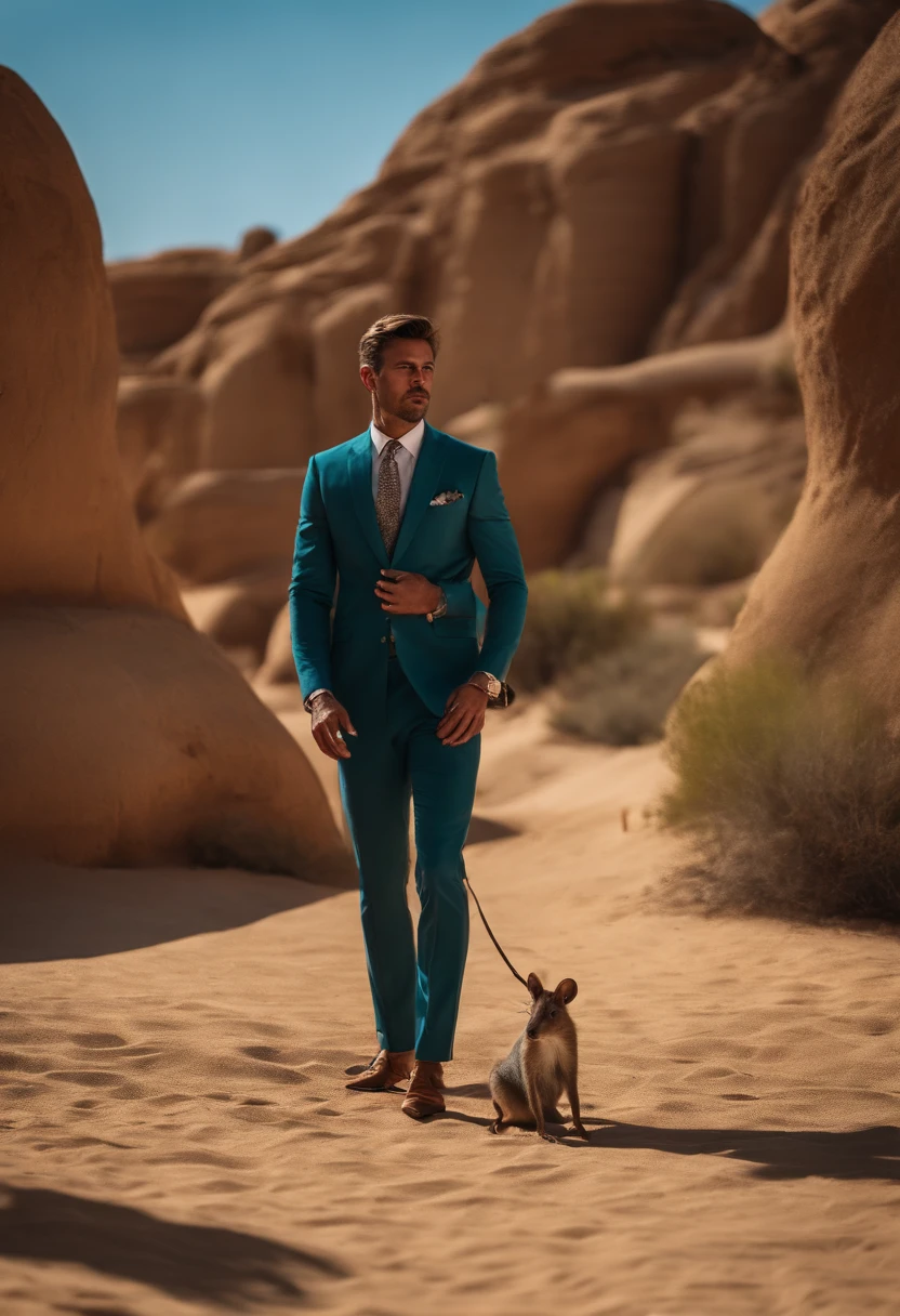 A Desert Rat standing like a man an wearing a slick suit