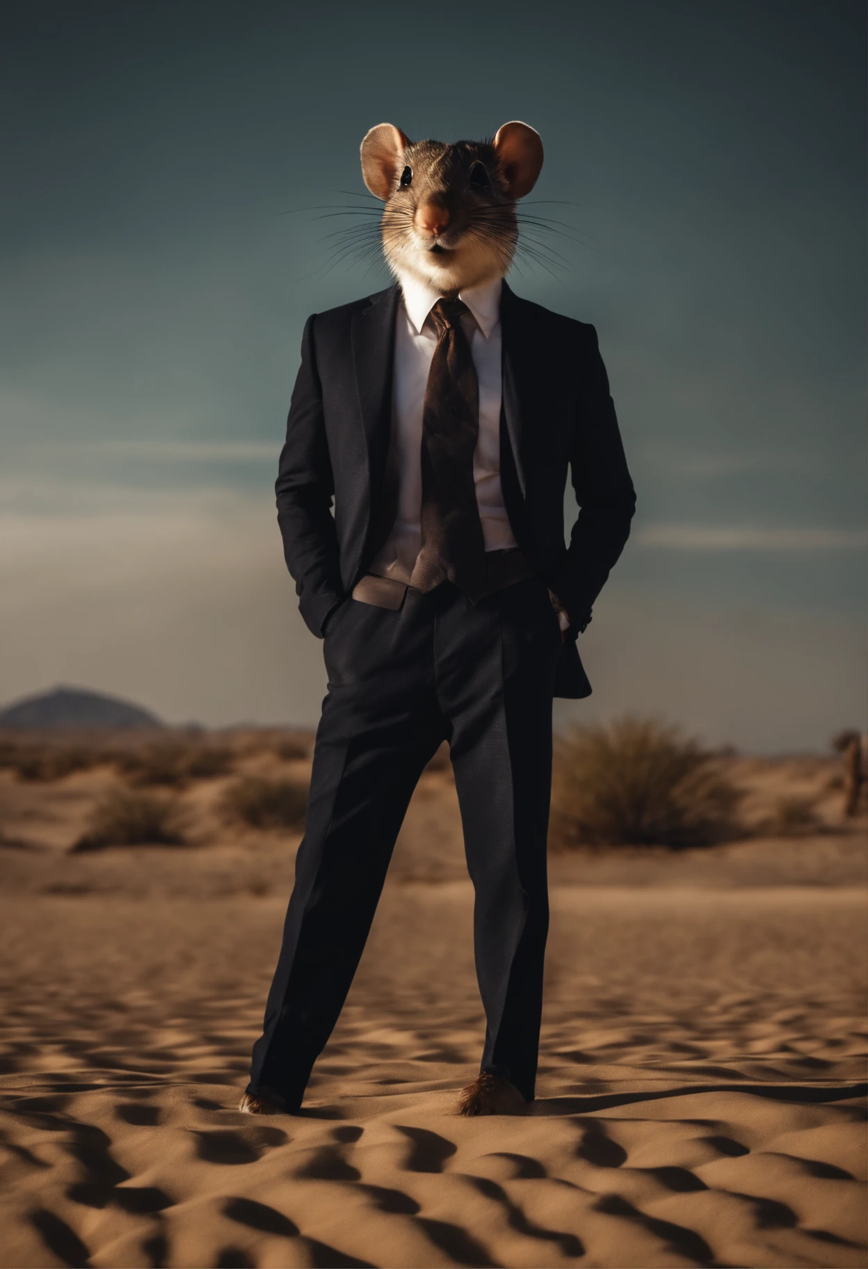 A Desert Rat standing like a man an wearing a slick suit