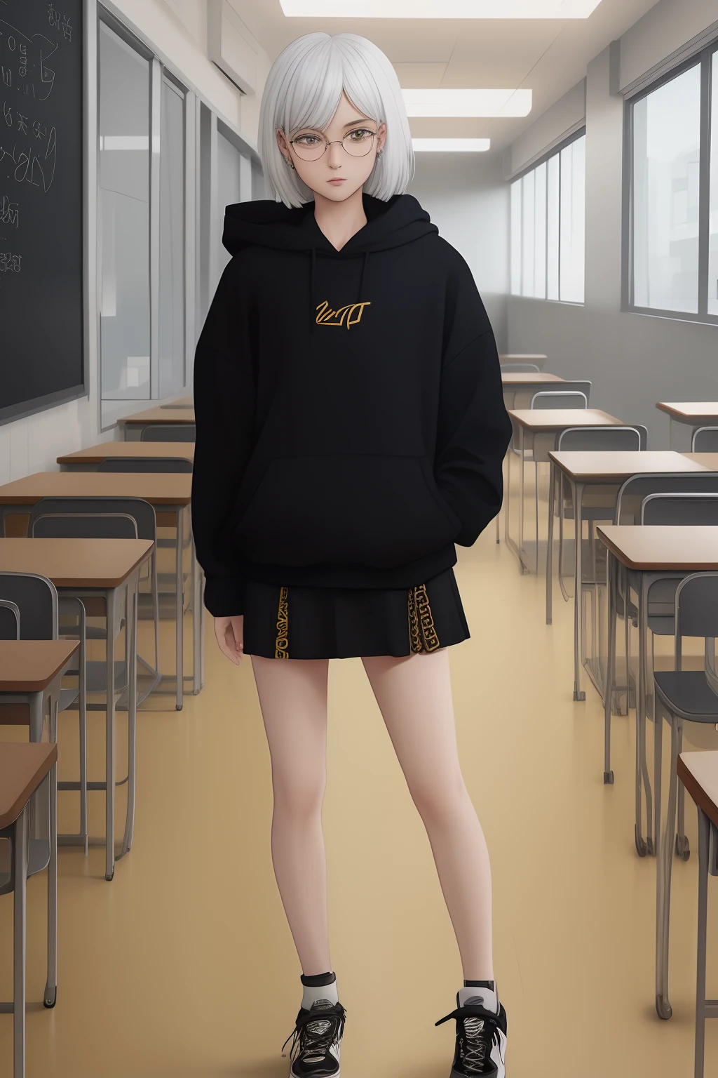 style anime, with white hair, With kind eyes, in the classroom, at the school, Dressed in a black hoodie, black bodycon skirt, reads manga, in white sneakers, with gold hoop earrings, key on a chain