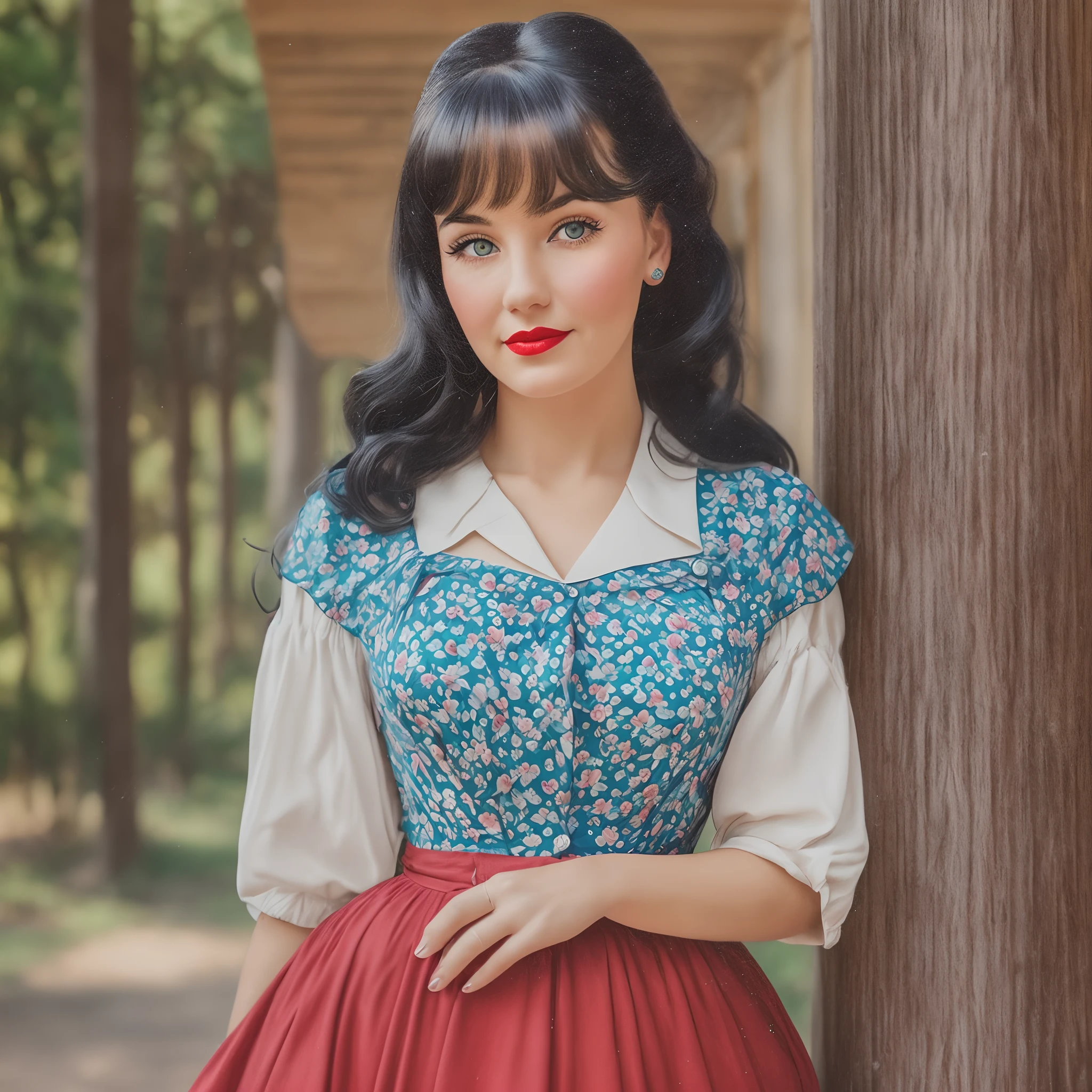 a portrait of a 27 year old woman from the 1950s, black hair, blue eyes, fair skin, rosy cheeks, red lips, period clothing --auto --s2