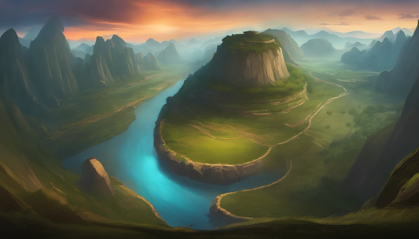 Rounded Fisheye Background art for 2D game, background battlefield, High quality, hd illustration,, rpg background, combat scene, game scenes, jrpg，At dusk，Remains Cliff，Collapsed pits，loess，In ancient China