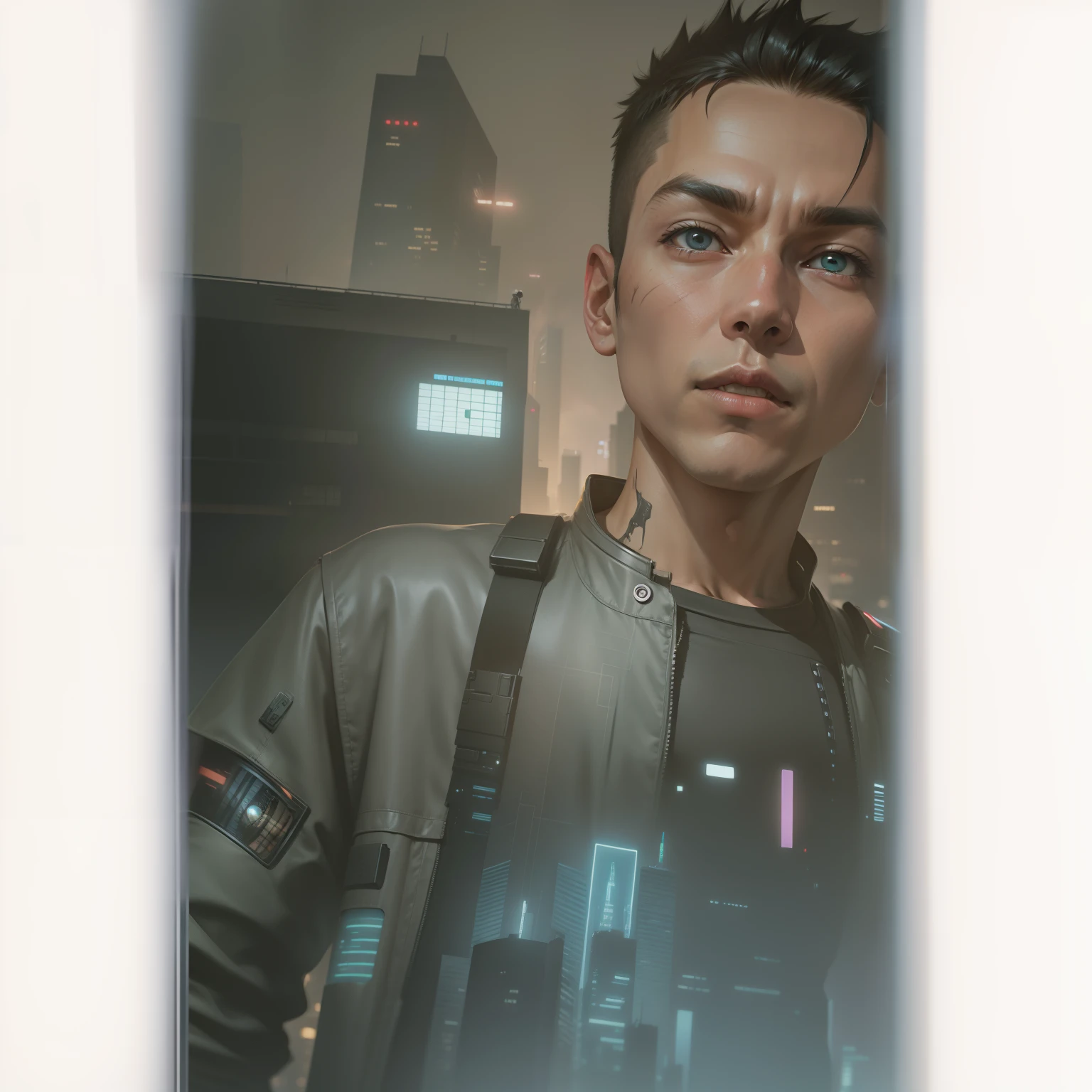 Cyberpunk City background ,8k ultra , detailed ,boy wearing ninja dress with face of my photo ,