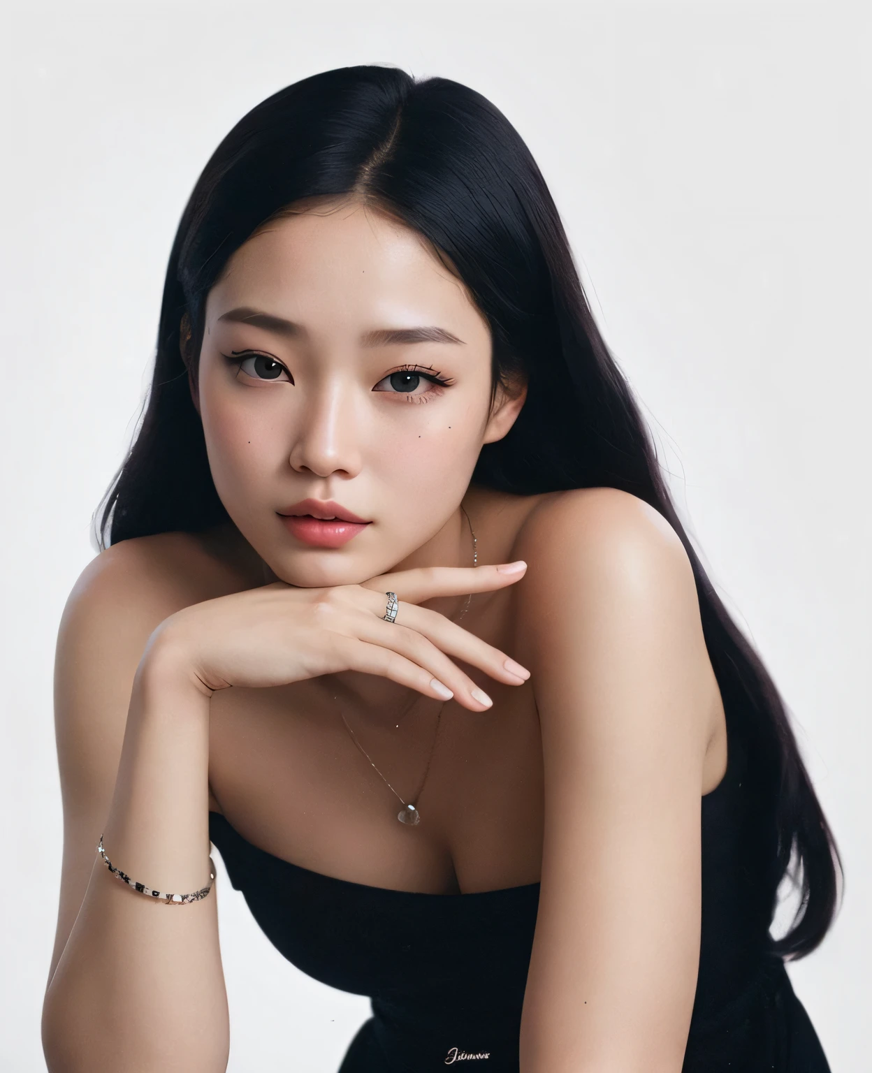 Best quality, masterpiece, ultra high res, (photorealistic:1.4), raw photo,1girl, solo, realistic, lips, looking at viewer, teeth, long hair, parted lips, nose, upper body, brown hair, simple background, brown eyes, black dress,