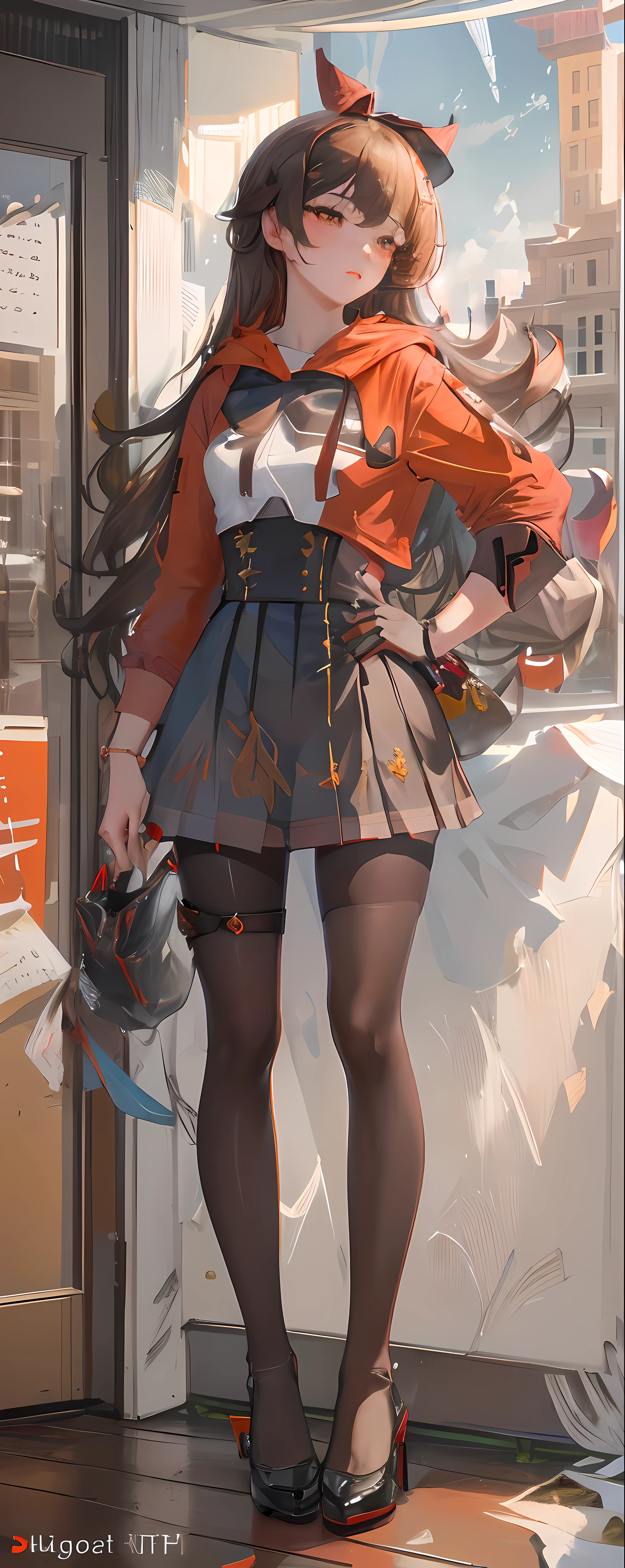 (QUALITY:0)
8k, 8k wallpaper, (an extremely delicate and beautiful:1.1), (beautiful detailed eyes:1.3), (best illustration:1.1), (best quality:1.3), (best shadow:1.1), (cinematic lighting:1.2), detailed eyes, (detailed_light:1.1), (dreamy:1.1), (extremely detailed CG unity 8k wallpaper:1.1), highres, (masterpiece:1.3), official_art, ray tracing, (stylized:1.3), trending on artstation, (ultra_detailed:1.2)

(STYLE & COMPOSITION:0)
1girl, (from_below, full_body:1.4), solo

(POSE & EXPRESSION:0)
blush, head_tilt, legs_apart, lips_apart, looking_at_viewer, standing, unamused

(CHARACTER:0)
Orange_eyes, brown_hair, argyle_pantyhose, black_pantyhose, oversized hoodie, black_skirt breasts_apart, amber from Genshin impact, high_heels, high-waist_skirt, lips, long_sleeves, (messy_hair:1.2), plaid_skirt, shiny_hair, shrug_\(clothing\), very_long_hair

(BACKGROUND:0)

(TEXTUAL INVERSION:0)