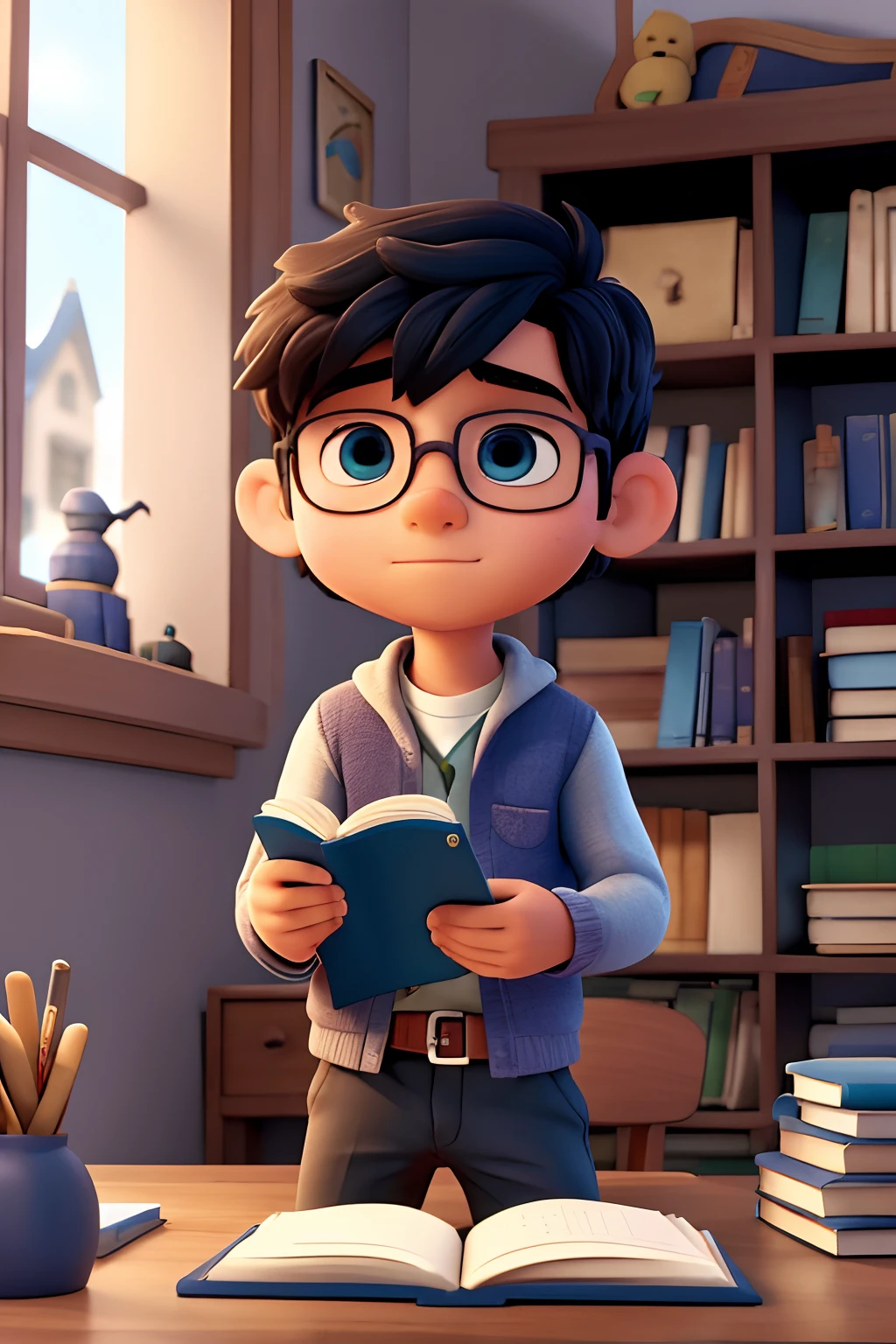 menino leitor, gosta de leitura. gosta de livros, The boy is concentrating on reading, com os olhos fixos no livro, With a book at hand, folheando o livro, disney pixar desenho animado em 3d