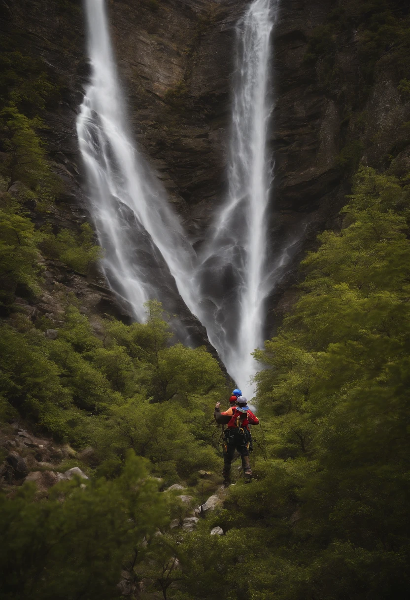 (a group of climbers:1.1),rescue operation,extreme sports,rock climbing,mountain peak,rope,challenge,altitude,courage,(heroic rescue scene:1.2),(daring acrobatic maneuvers:1.1),emergency response team,full-body shots