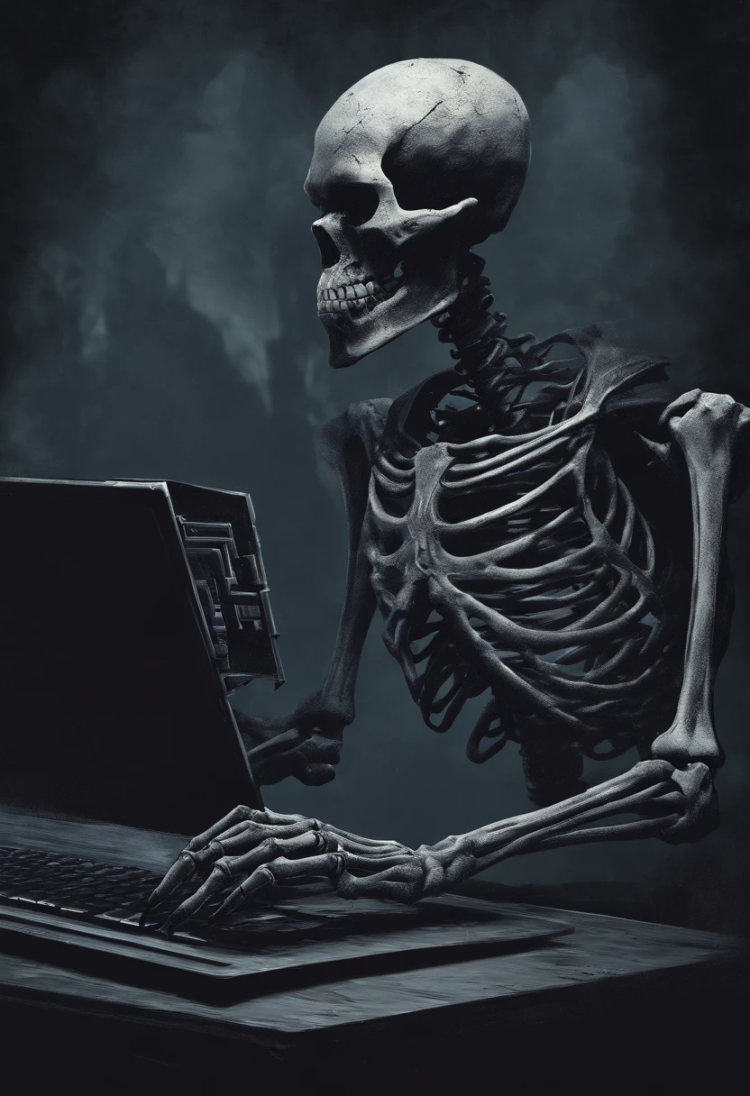 I would like to create a spooky horror logo of a skeleton typing on a computer for YouTube channel