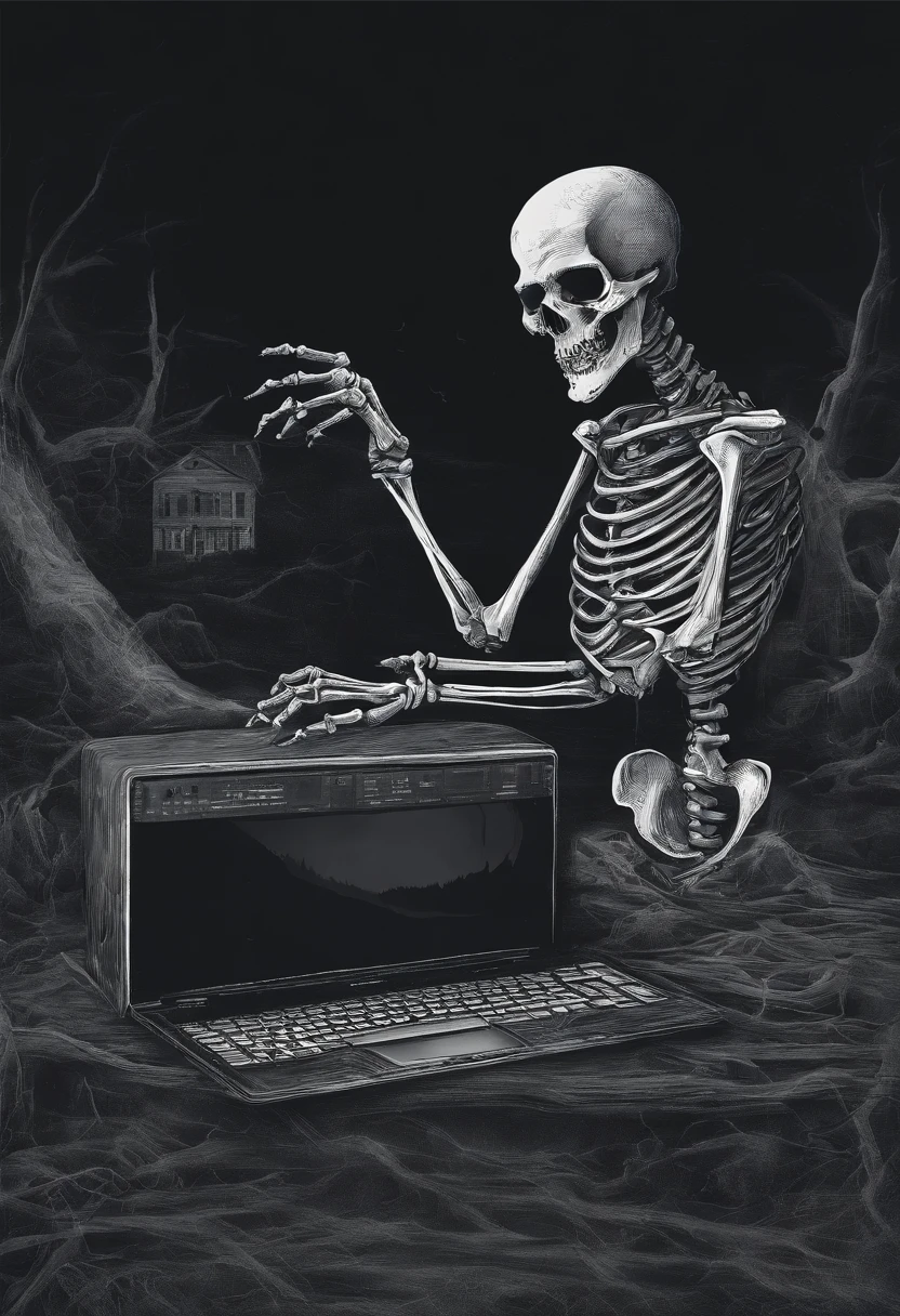 I would like to create a spooky horror logo of a skeleton typing on a computer for YouTube channel
