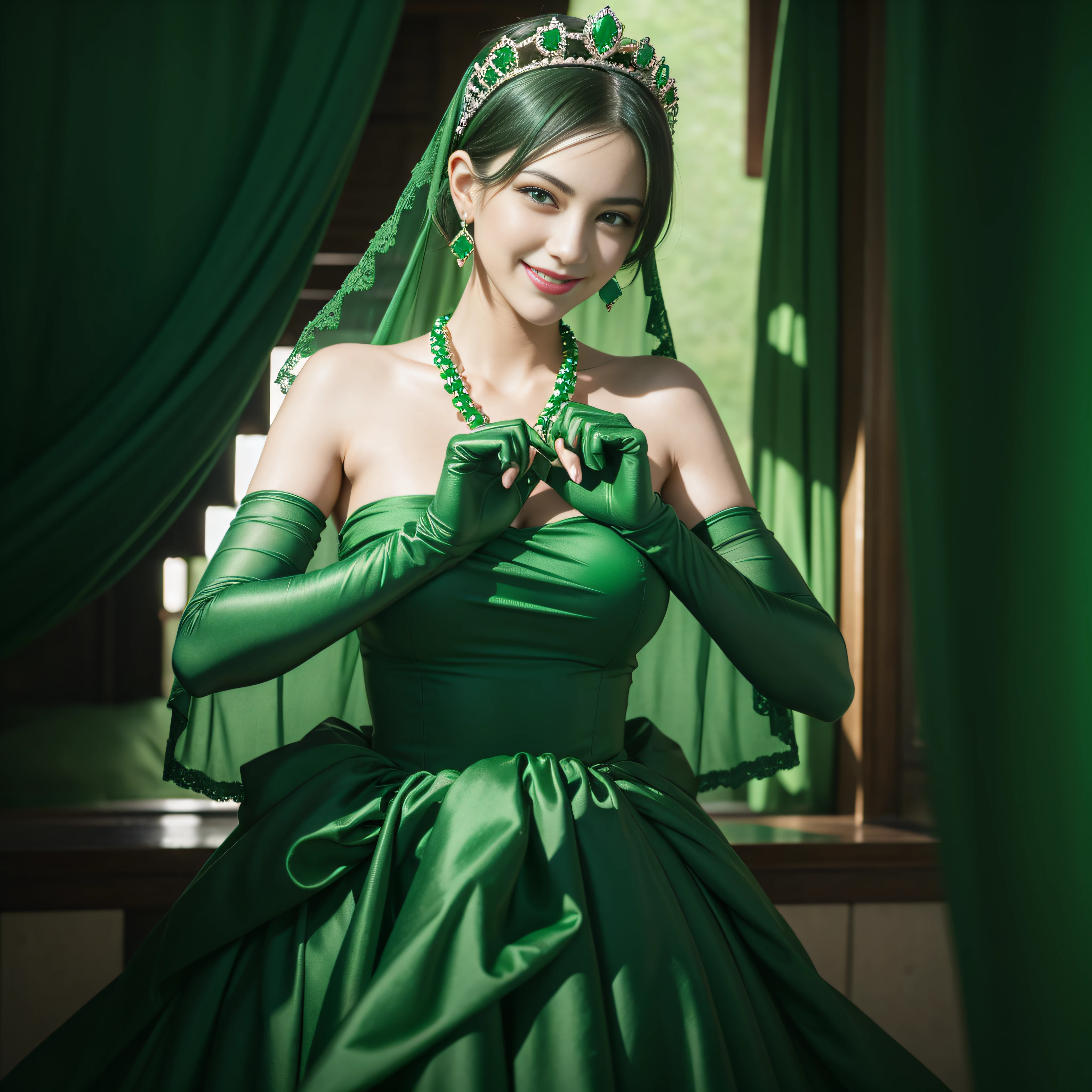 emerald tiara, Green Pearl Necklace, Boyish very short black hair, lipsticks, Japan woman smiling, very short short hair,  big breasts beautiful, Green eyes, Long green gloves made of satin material, Green eyes, Emerald Earrings, green vale, Heart with both hands