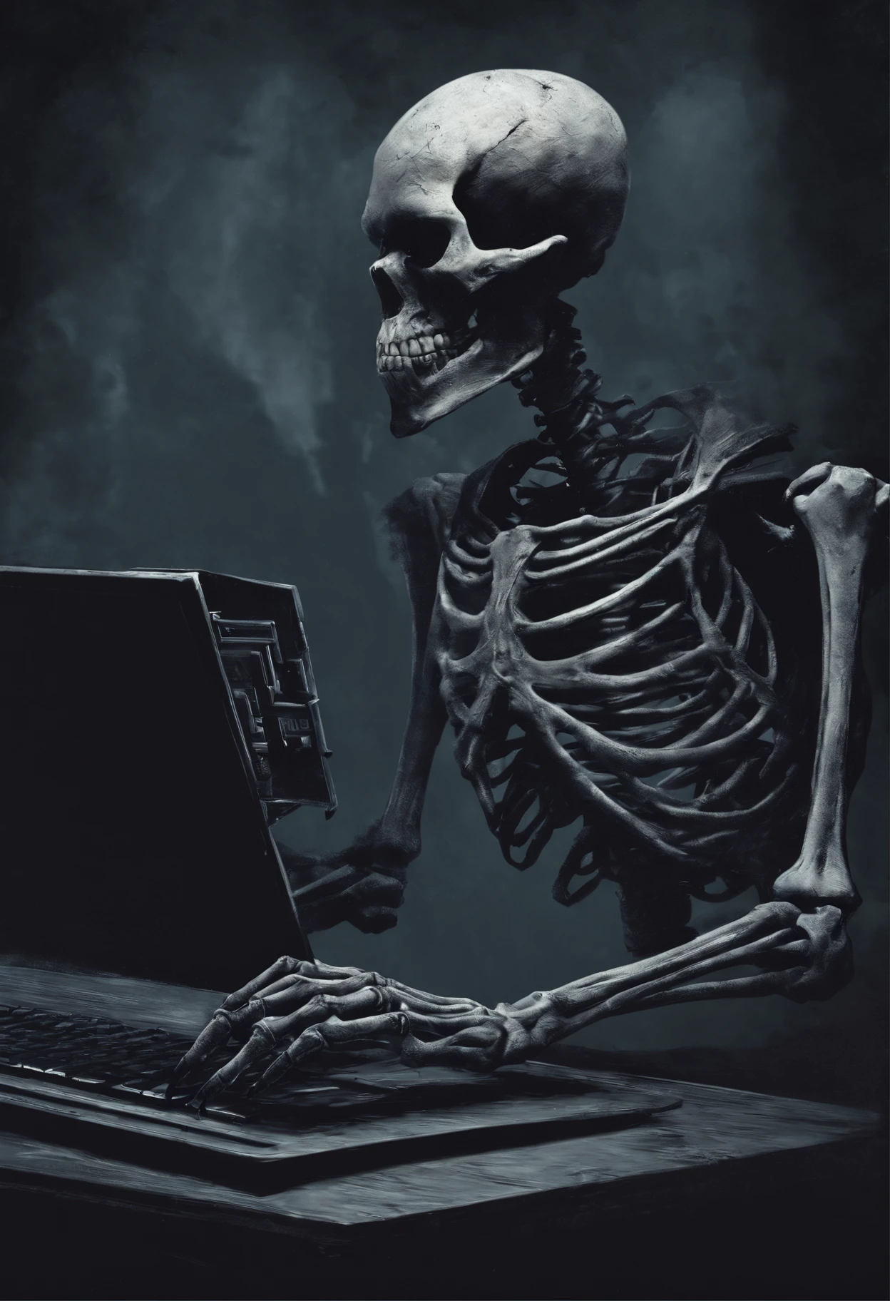 I would like to create a spooky horror logo of a skeleton typing on a computer for YouTube channel