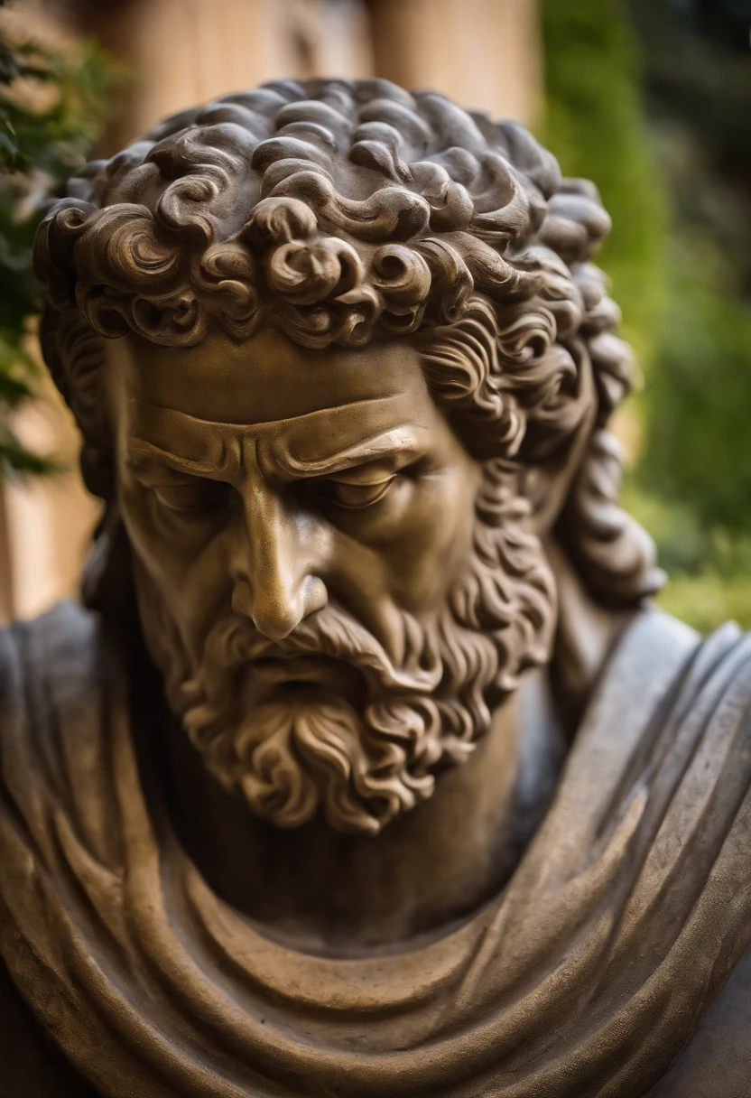 Stoic statue, with an expression of anger, Dia claro, fundo templo grego, homem forte, Stoic position, Expression of Wisdom