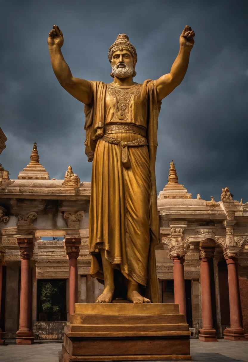 Stoic statue, with an expression of anger, Dia claro, fundo templo grego, homem forte, Stoic position, Expression of Wisdom