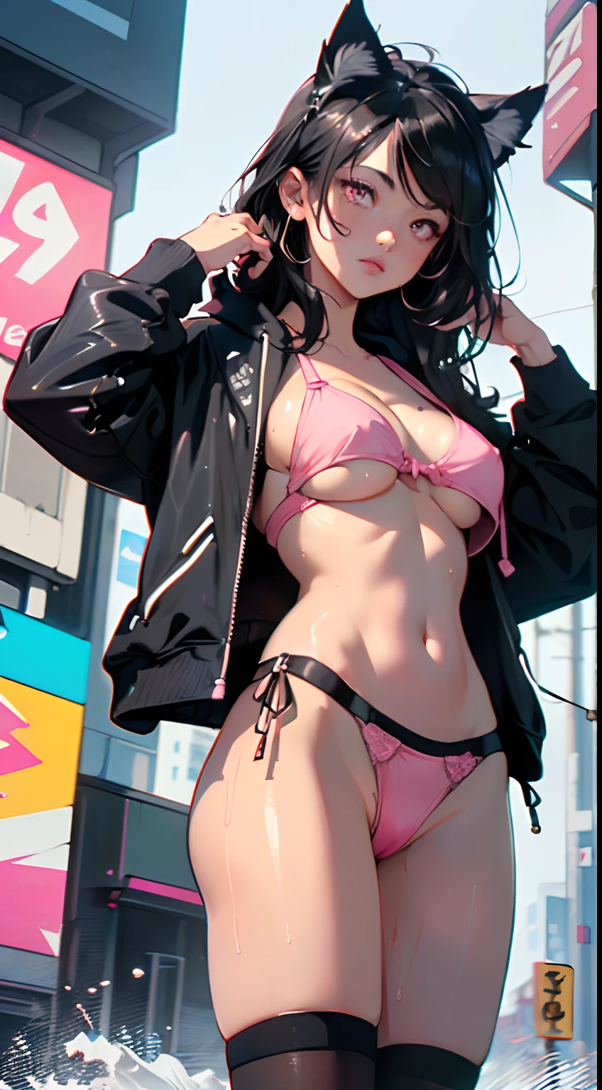 girl spacepunk,(((1girl))),((beautiful girl with cute cat ears)),
(large breasts:1.4),saggy breasts,((black hair,black messy hair,colored inner hair,long hair:1.5,absurdly long unkempt hair:1.35,long black hair,ear breathing,intricate cut hair)),((((cat ears,cat ears on head,big cat ears)))),(((neon_pink_eyes:1.3))),intricate eyes,beautiful detailed eyes,symmetrical eyes,((fat)),(((lustrous skin:1.5,bright skin: 1.5,skin tanned,shiny skin,very shiny skin,shiny body,plastic glitter skin,exaggerated shiny skin,illuminated skin,wet legs))),(spider lower abdomen,narrow waist,wide hip,athletic body,inflated legs,detailed body,(detailed face)),
cute,slutty,seductive,erotic,(((nsfw))),
(graffiti art in clothes),zettai ryouiki,revealing clothing,show skin,((((underboob)))),((cleavage)),(semi-naked,with little clothing,((tiny thong, armor thong intricate)),large sport socks,visible thong straps,no bra),((((crop top hoodie,cropped hoodie,hoodie,hoodie intricate)))),(((wet clothes,intricate outfit,intricate clothes))),
(dynamic pose:1.0),solo focus,embarrassed,(centered,scale to fit dimensions,Rule of thirds),
cyberpunk city by the ocean at night, with bright neon signs and dark stormy clouds and puddles, scenery:1.25,
artistic photography,(photography taken by sldr),highres, sharp focus, (ultra detailed, extremely detailed), (photorealistic artwork:1.37),(extremely detailed CG unity 8k wallpaper),((synthwave background theme)),(((vibrant colors))),(intricate background),(masterpiece),(best quality),