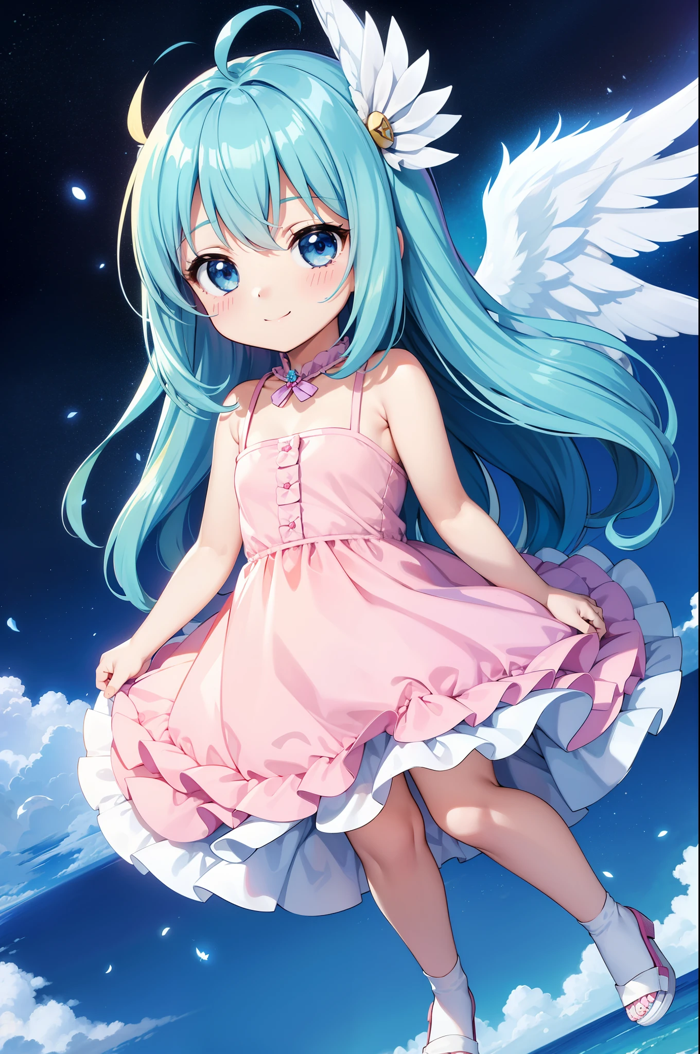 (angel girl:1.2), (1 person:1.2),(10 year old girl)、young girl、big breasts、 nffsw、shader、highly detailed eyes、big breasts、loose and fluffy long hair,、underboob、Glossy cleavage、light blue hair、angel wings、silky hair、Angel attire(pink sheer dress、Plain color、mini skirt、Plain colorのシルク手袋)、very complex eye pupil、highest quality、bright colors、Bust 100、rests、Standing picture of the game、Stirring composition、Composition looking up from below、Lift your with your hands、Pose that emphasizes the chest、fold your arms、grinning expression、eyes half closed、open your mouth、stinky eyes、evil face、Bullish smile、fold your hands behind your back、Hide your hands、evil smile、whole body、god々New