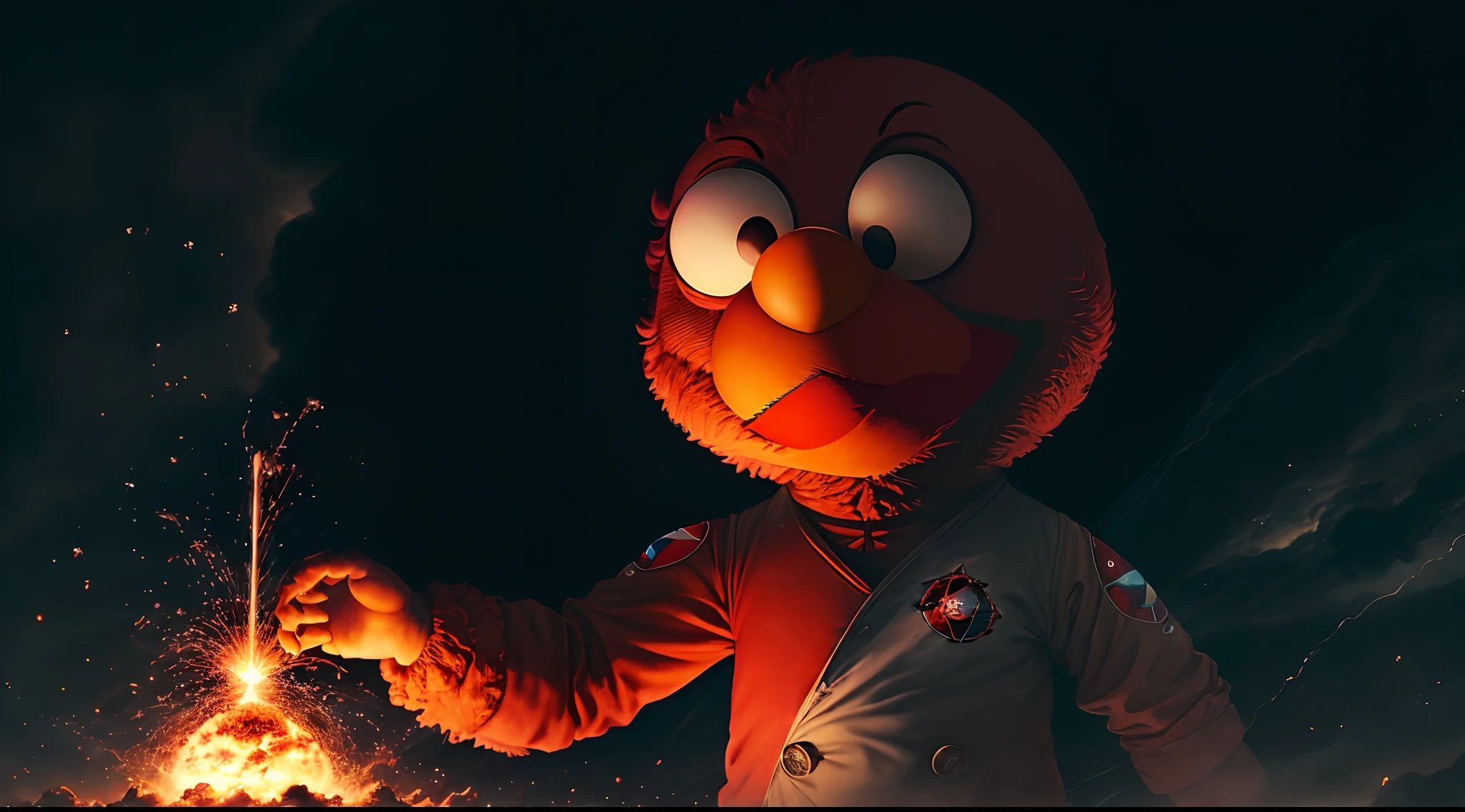 Elmo basking in the power of his own creation, the atom bomb