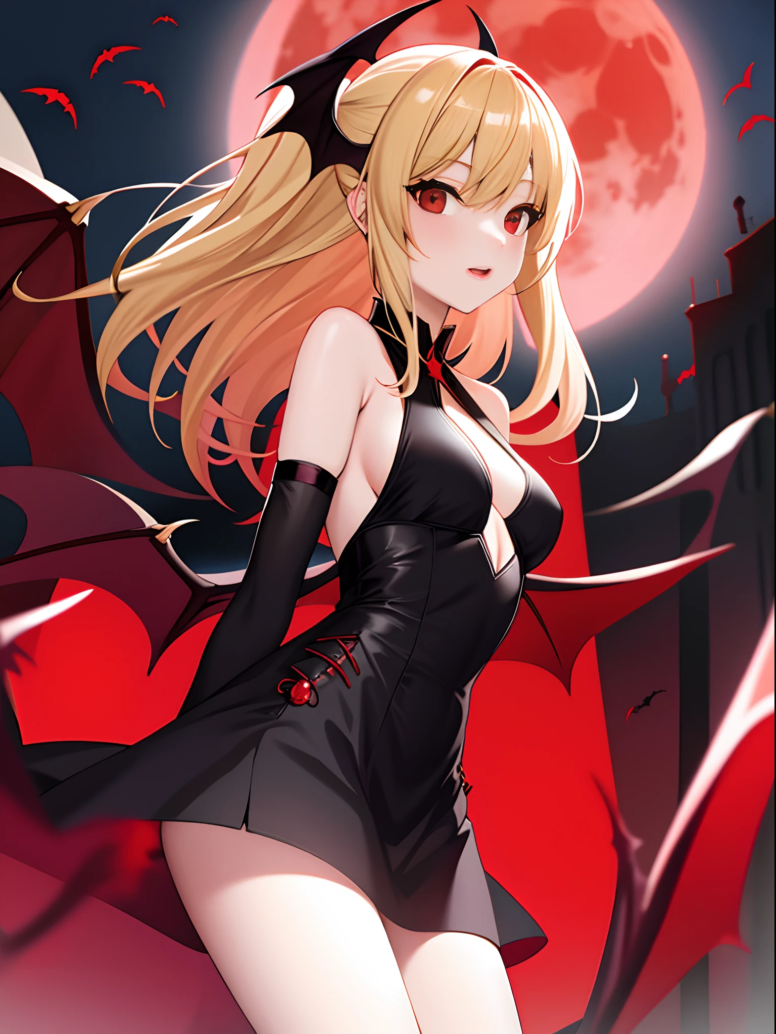 1 blonde girl, red eyes, vampire, bat wings, red moon, black dress,