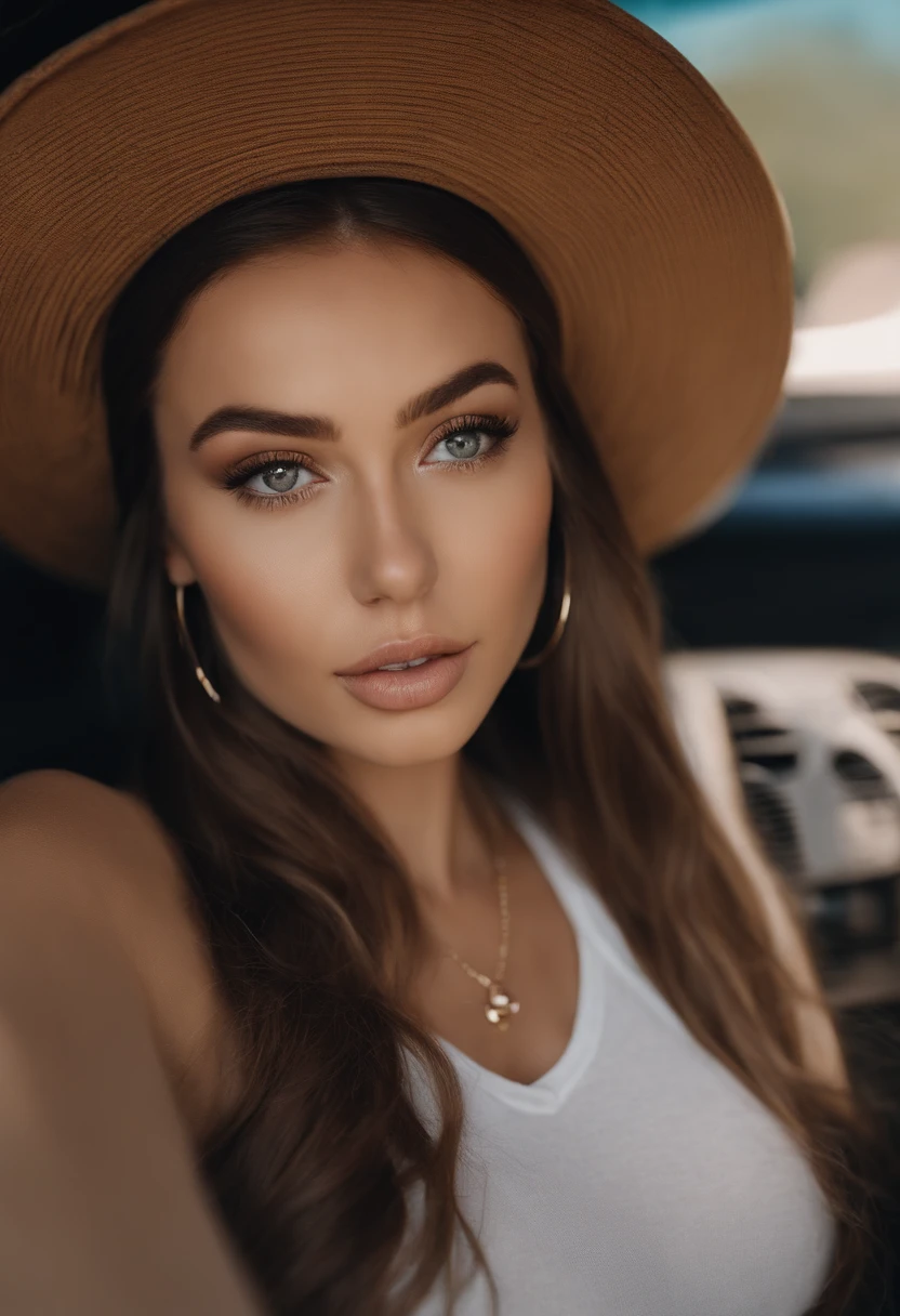 arafed woman with a necklace, large breasts, in a black cab, modern kitchen, white countertop, sexy girl with brown eyes, portrait sophie mudd, brown hair and large eyes, selfie of a young woman, bedroom eyes, violet myers, without makeup, natural makeup, looking directly at the camera, face with artgram, subtle makeup, stunning full body shot, piercing green eyes, beautiful angle, attractive pose, cute girl, sexy pose, full body picture, full body, full body shoot, brunette goddess, high detail, satisfied pose, wearing only a blue bucket hat, average breasts, (beautiful detailed face, beautiful detailed eyes), (naked), glow, sweat, (sunbeam, sunlight), (nsfw:1.5)