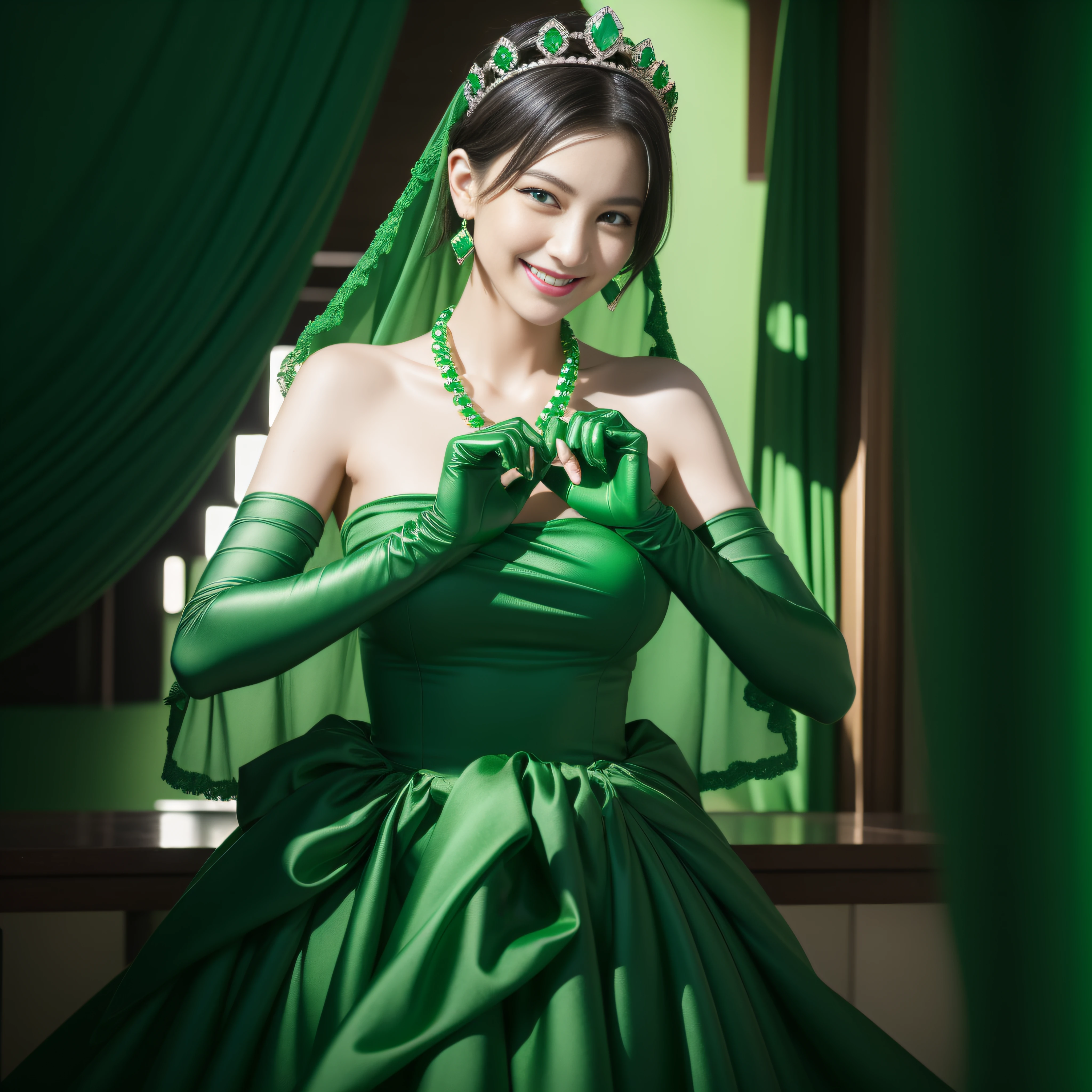 emerald tiara, Green Pearl Necklace, Boyish very short black hair, lipsticks, Japan woman smiling, very short short hair, big breasts beautiful, Green eyes, Long green gloves made of satin material, Green eyes, Emerald Earrings, green vale, Heart with both hands