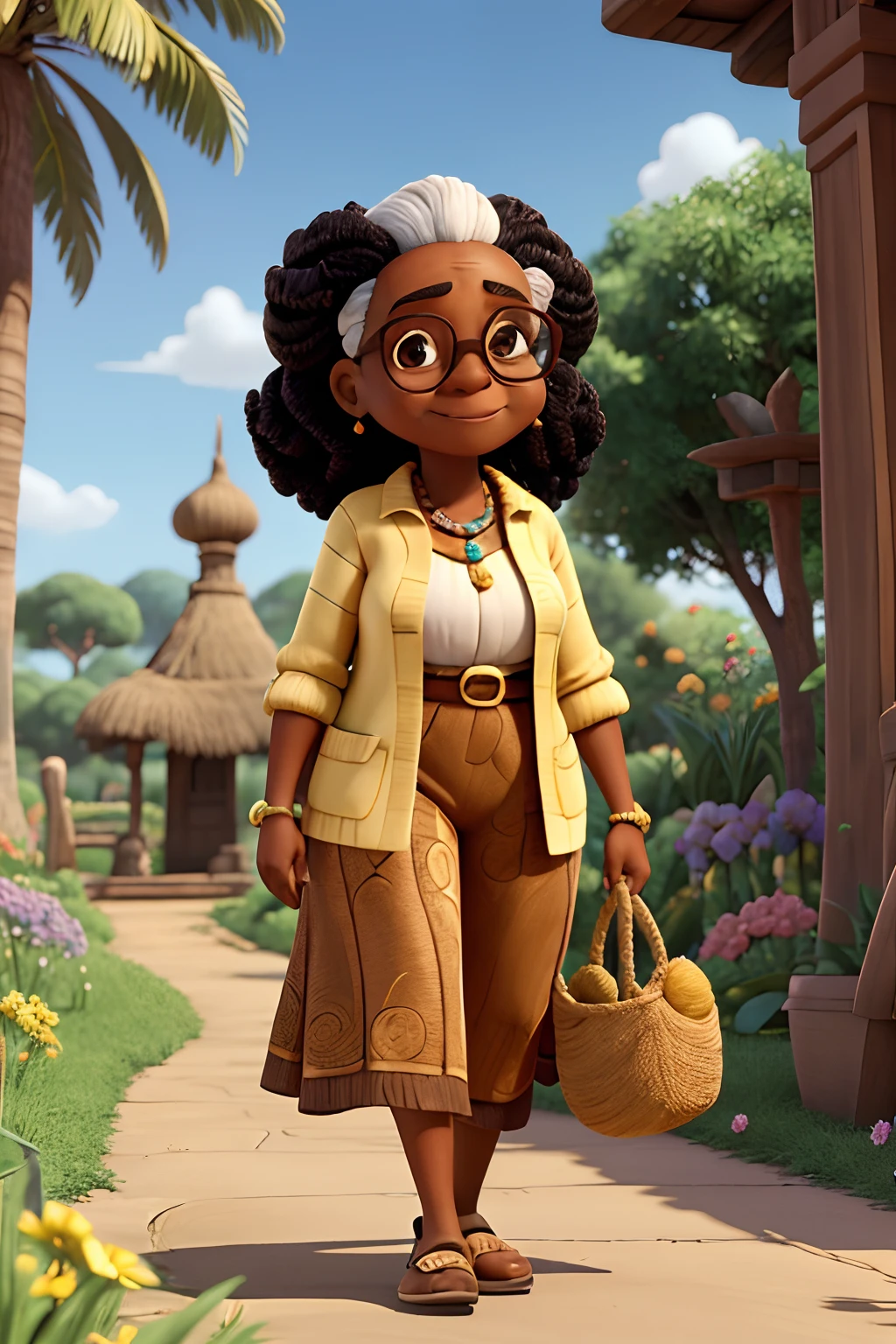 idosa, negra, African ethnic traits, From Africa, cabelo coque, penteado de idosa, corpo inteiro, Old woman wears glasses and strolling in flower garden, The day is sunny, disney pixar desenho animado em 3d