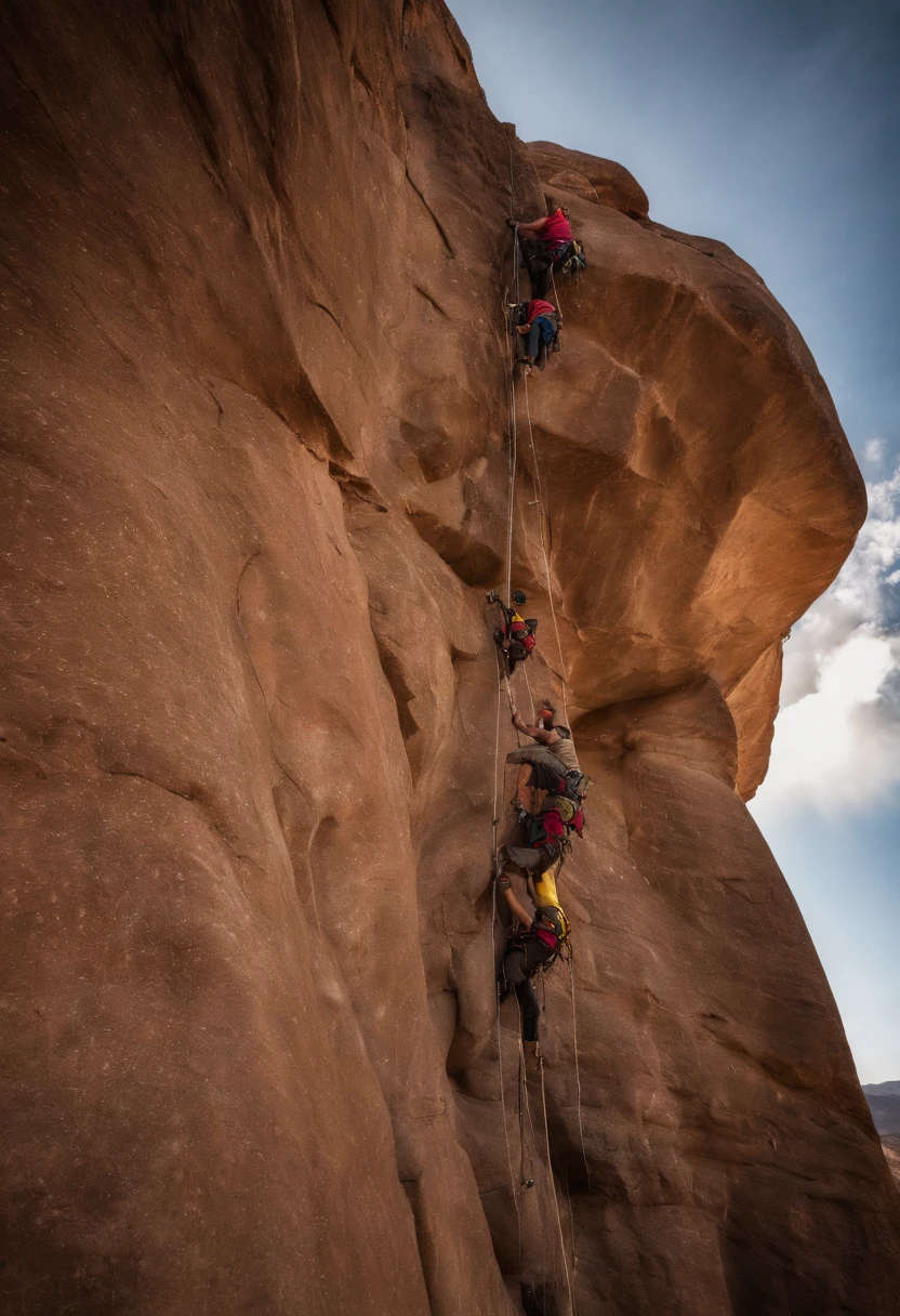 (a group of climbers:1.1), rescue operation, extreme sports, rock climbing, mountain peak, ropes, challenge, altitude, courage and determination, (brave rescue scene:1.2), daring acrobatics:1.1), emergency response team, full-body shot, (jaw-dropping effects), (studio lighting), ultra-high definition, high resolution